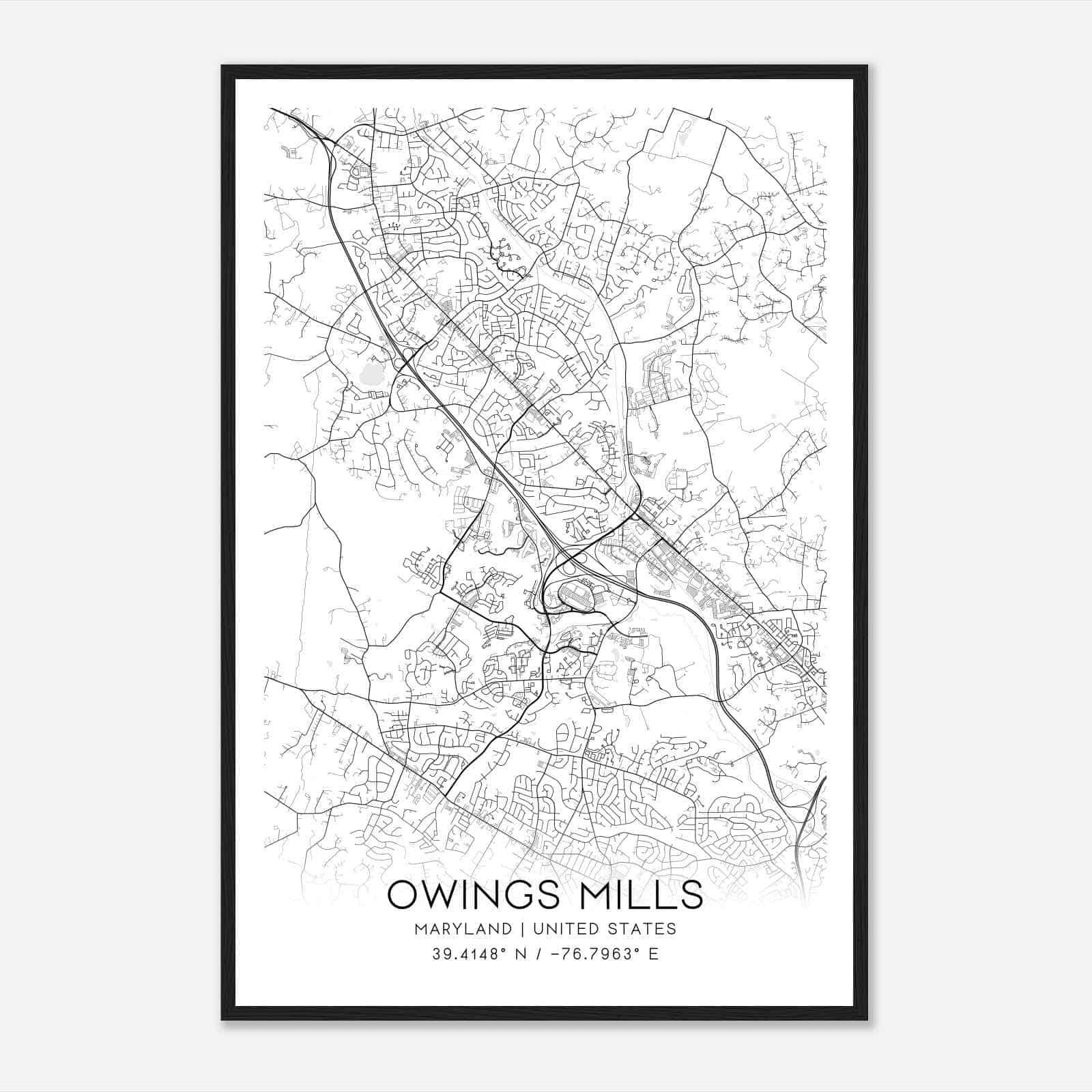 Owings Mills Maryland Map Poster, Modern Home Decor Wall Art Print