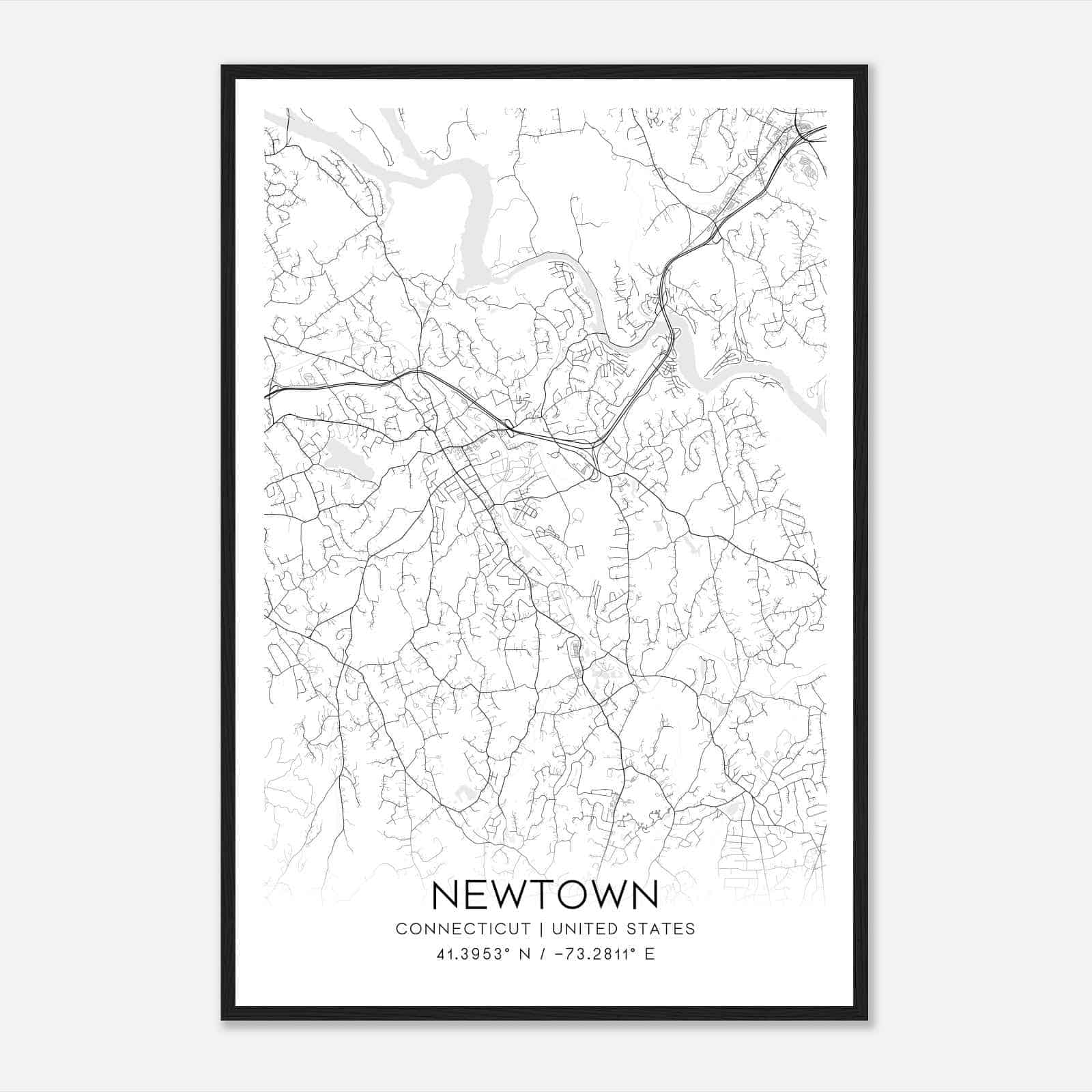Newtown Connecticut Map Poster, Modern Home Decor Wall Art Print