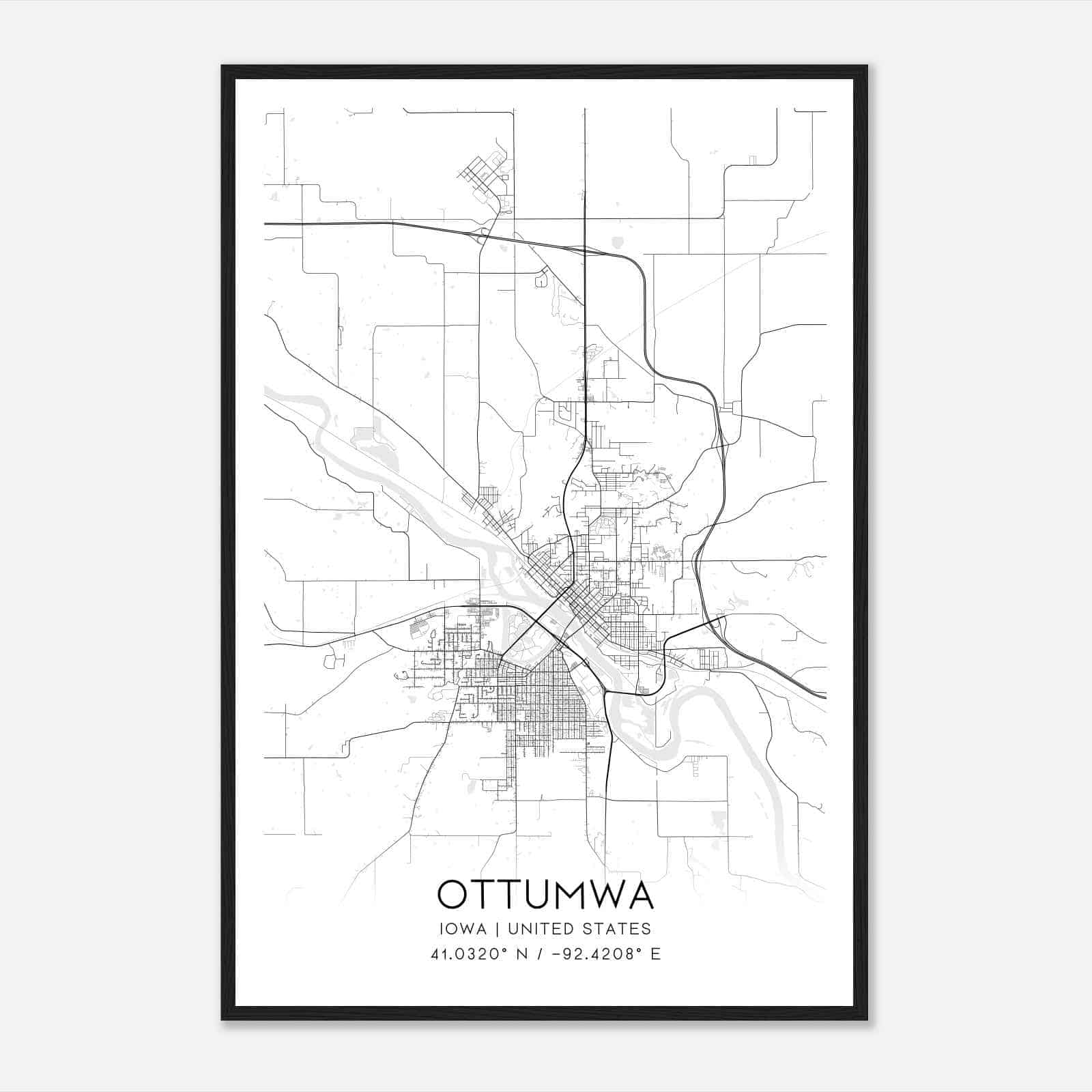 Ottumwa Iowa Map Poster, Modern Home Decor Wall Art Print