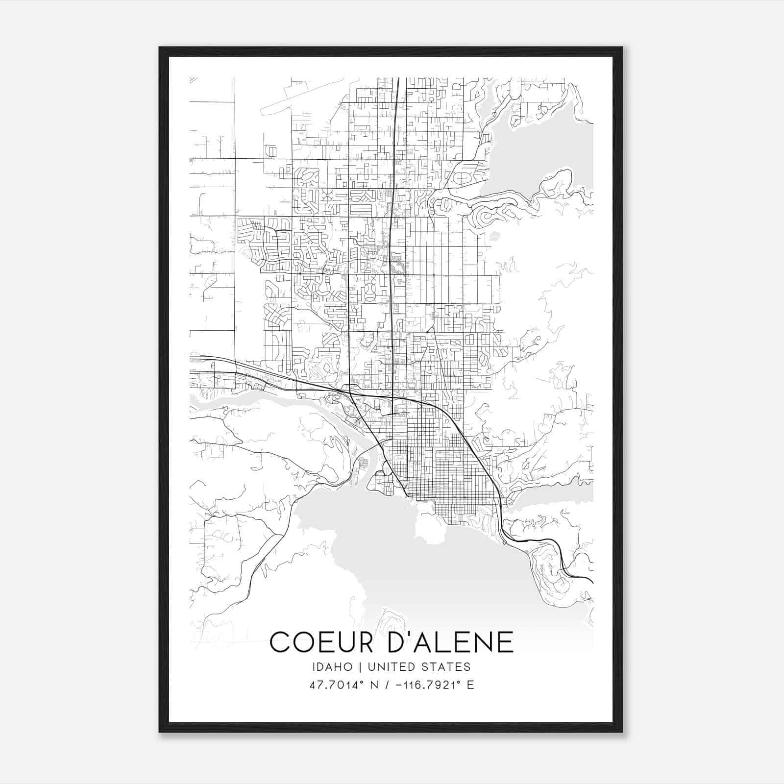 Coeur d’Alene Idaho Map Poster, Modern Home Decor Wall Art Print
