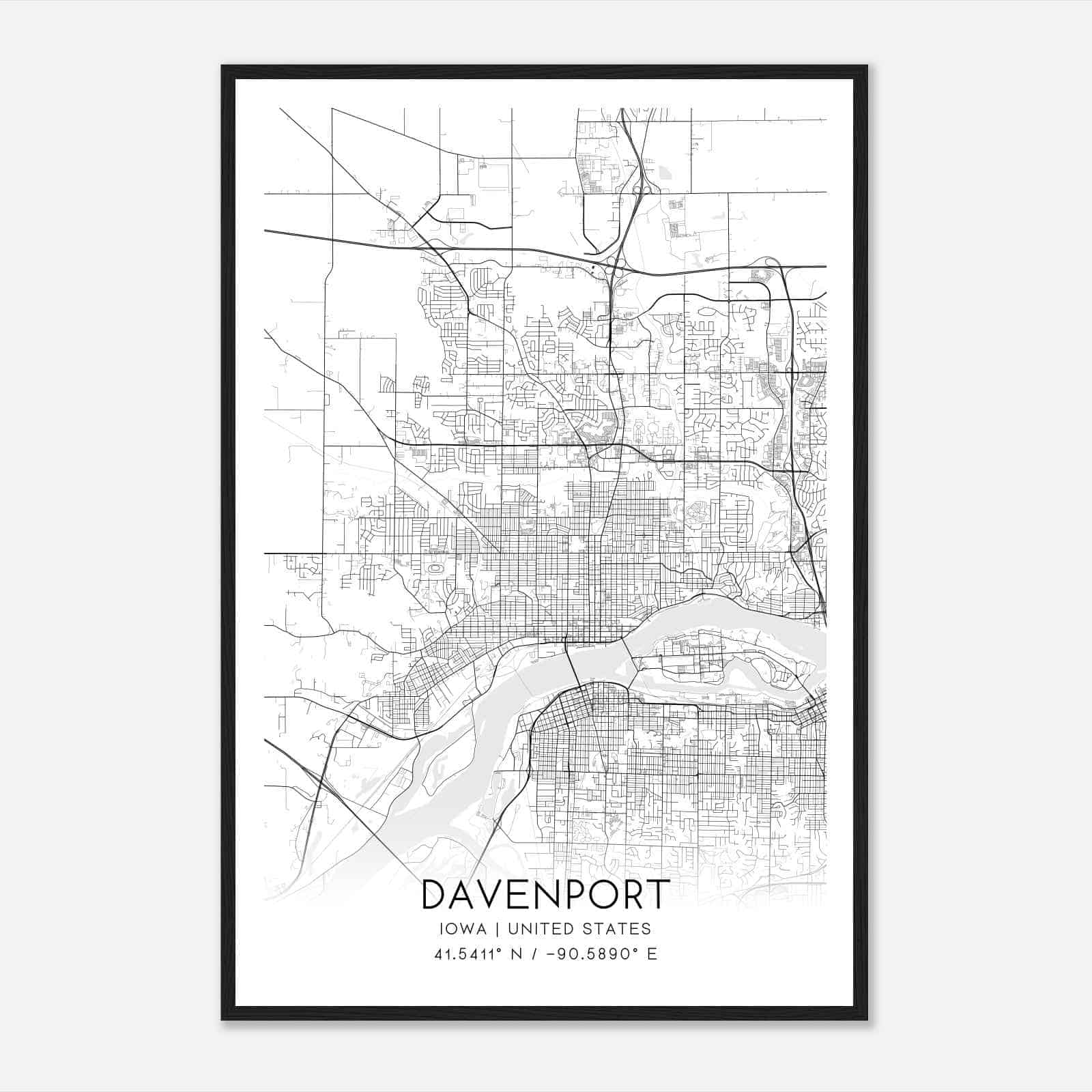 Davenport Iowa Map Poster, Modern Home Decor Wall Art Print