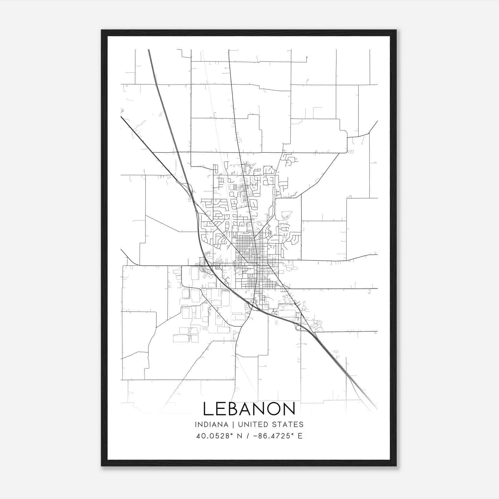 Lebanon Indiana Map Poster, Modern Home Decor Wall Art Print