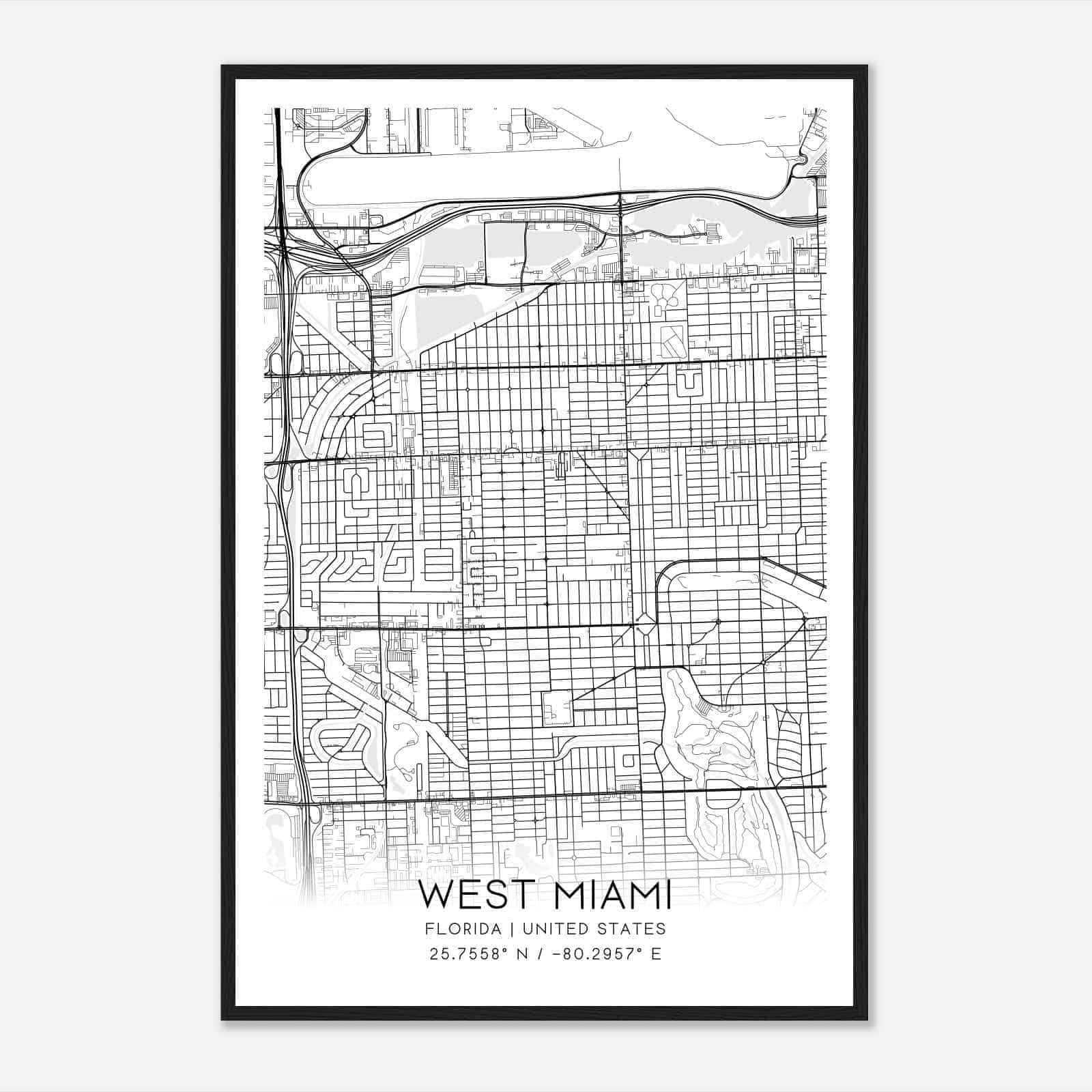 West Miami Florida Map Poster, Modern Home Decor Wall Art Print
