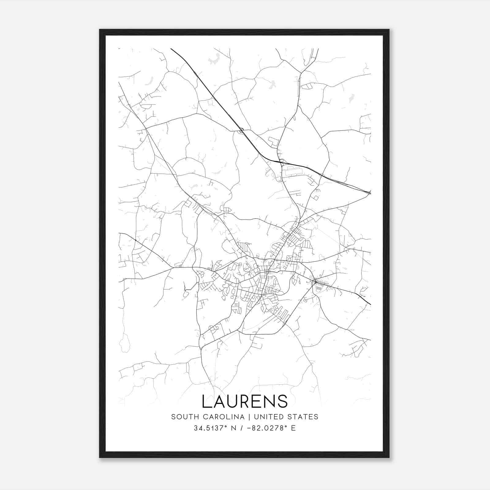 Laurens South Carolina Map Poster, Modern Home Decor Wall Art Print