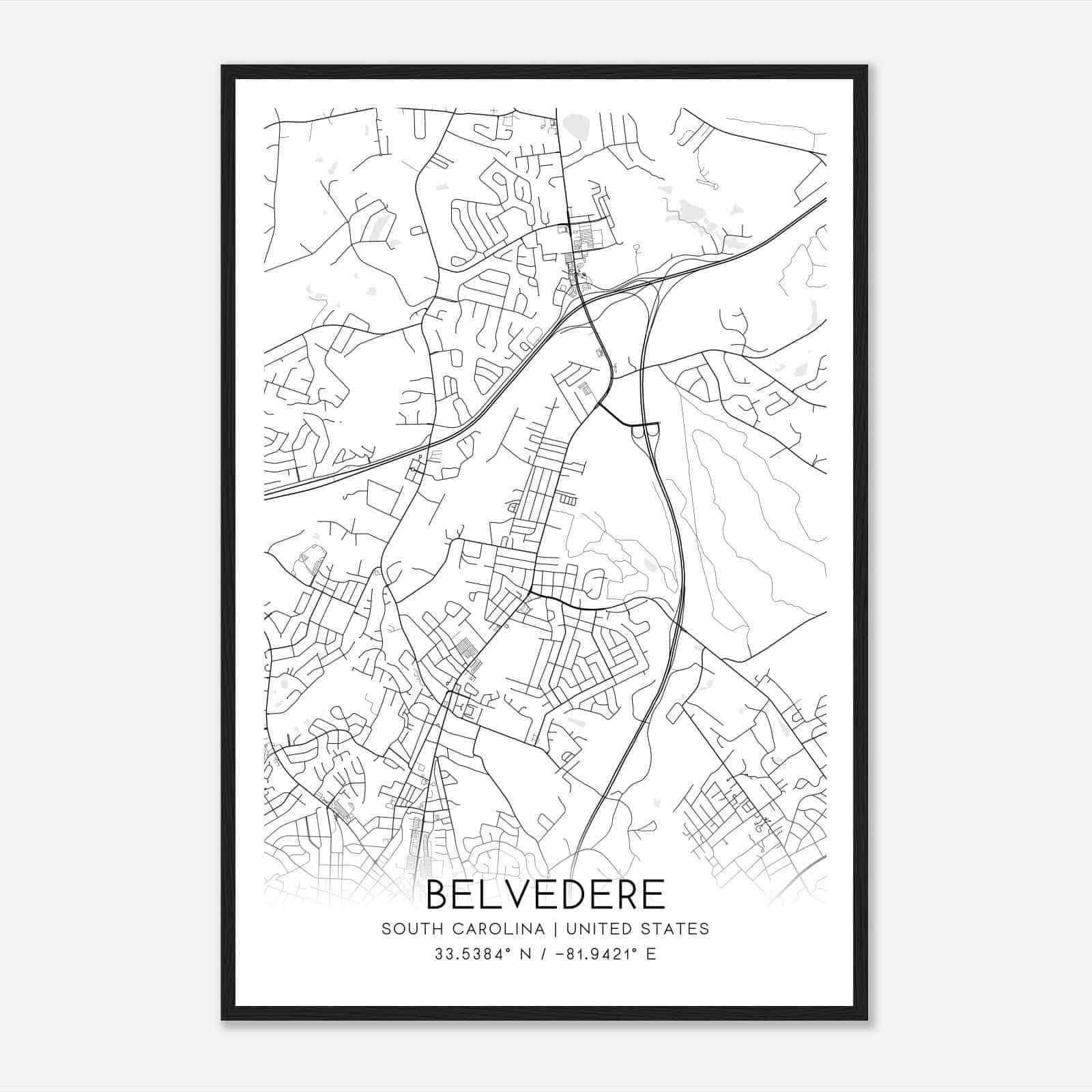 Belvedere South Carolina Map Poster, Modern Home Decor Wall Art Print