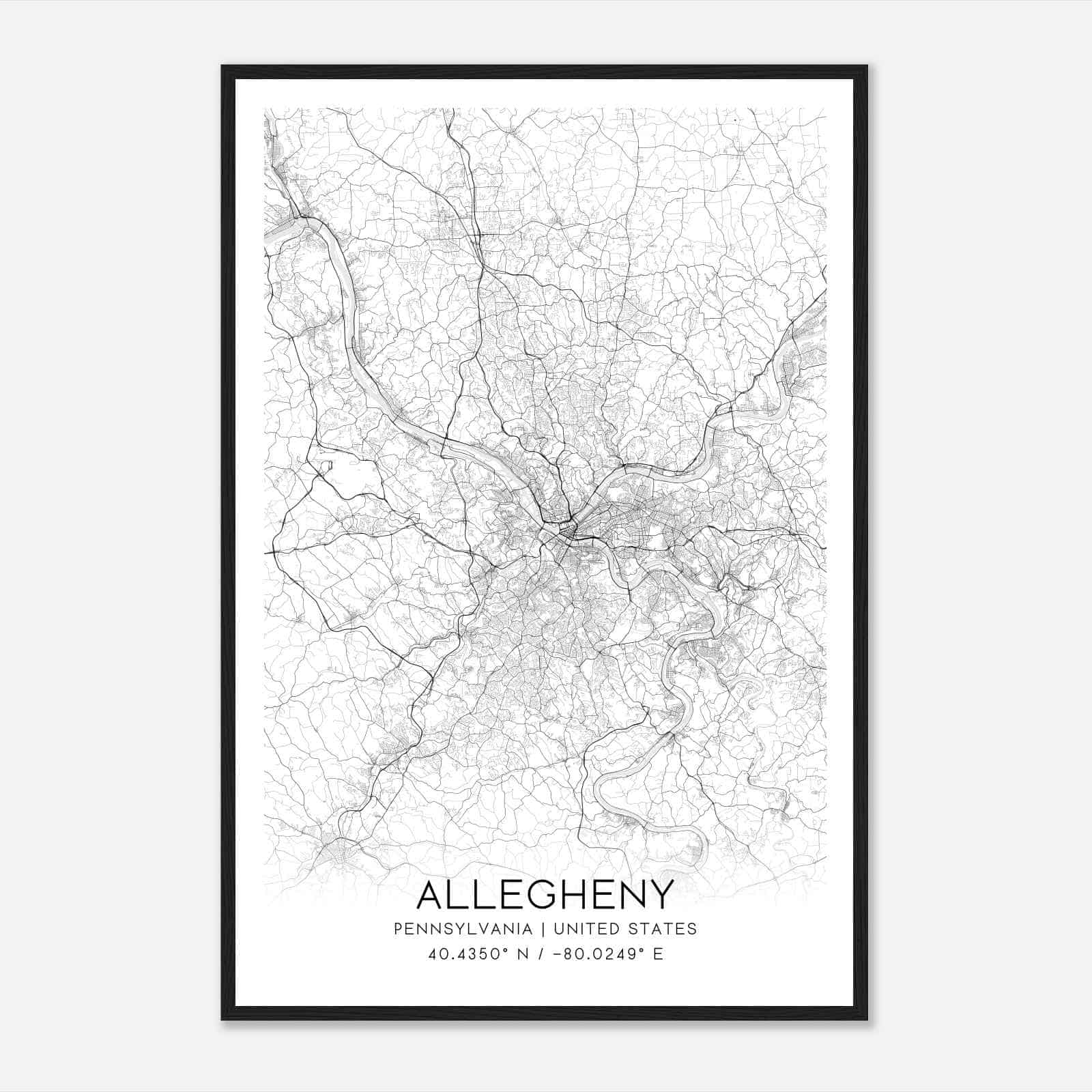 Allegheny Pennsylvania Map Poster, Modern Home Decor Wall Art Print