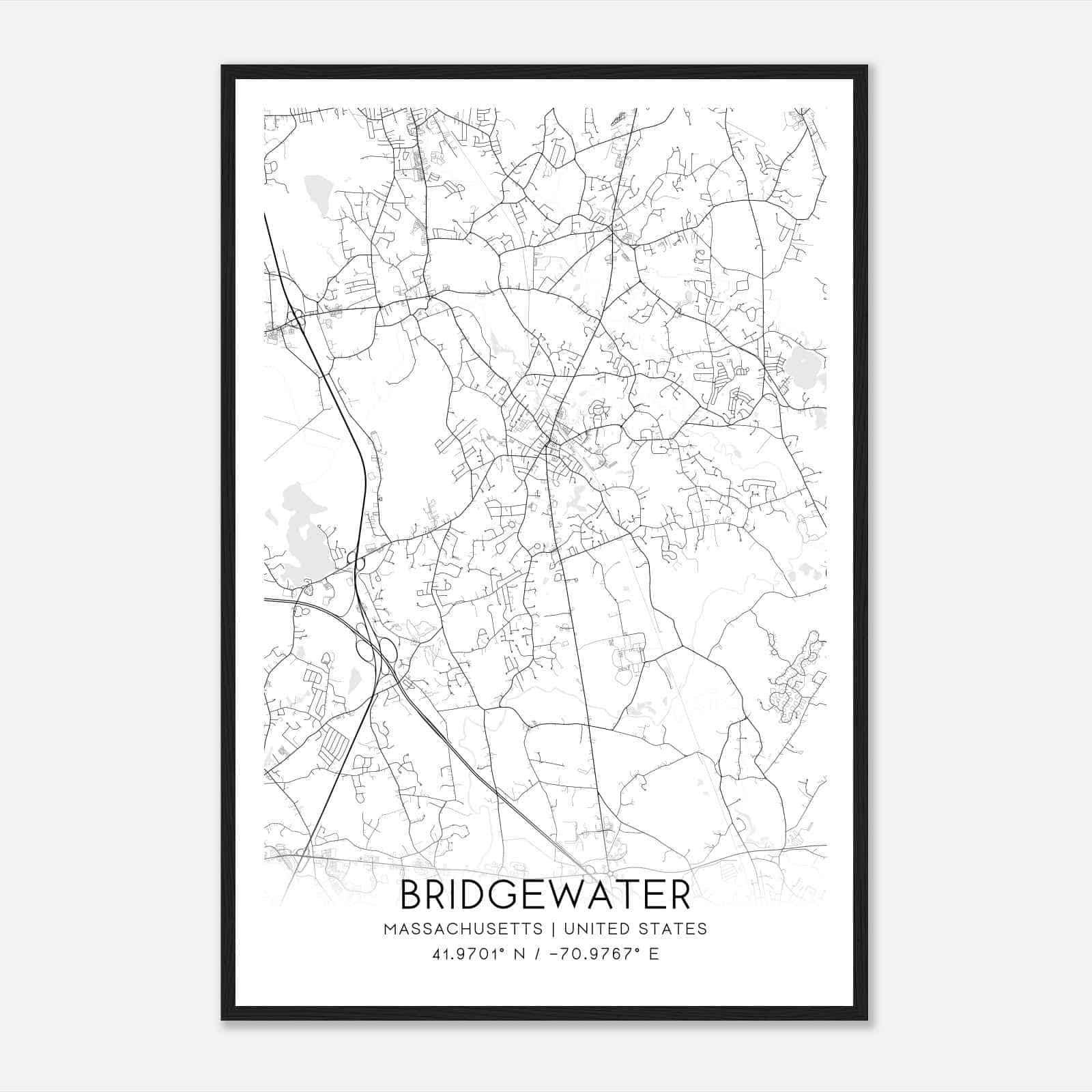 Bridgewater Massachusetts Map Poster, Modern Home Decor Wall Art Print