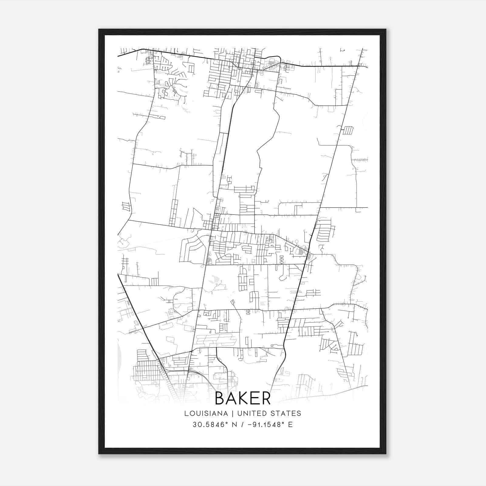 Baker Louisiana Map Poster, Modern Home Decor Wall Art Print