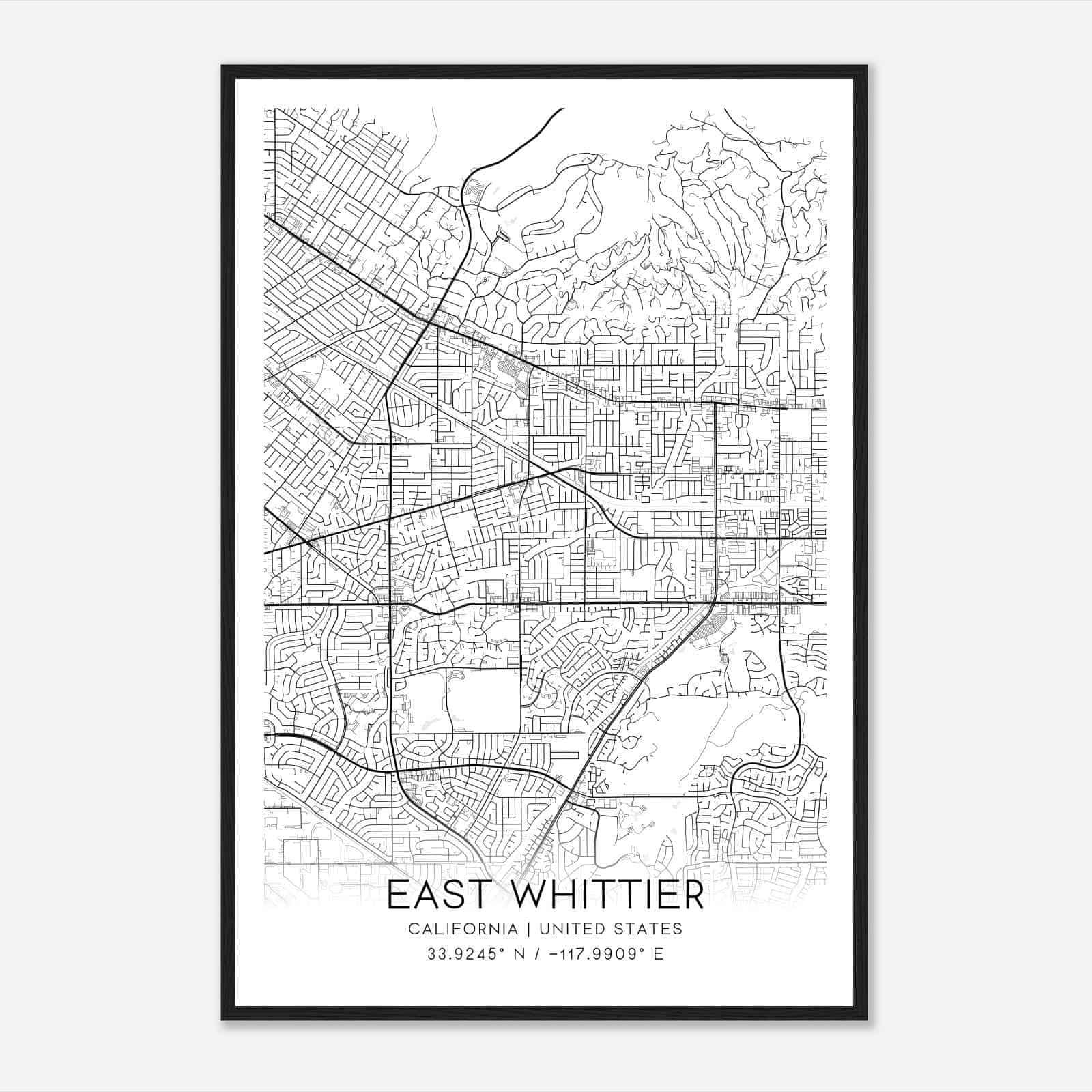 East Whittier California Map Poster, Modern Home Decor Wall Art Print