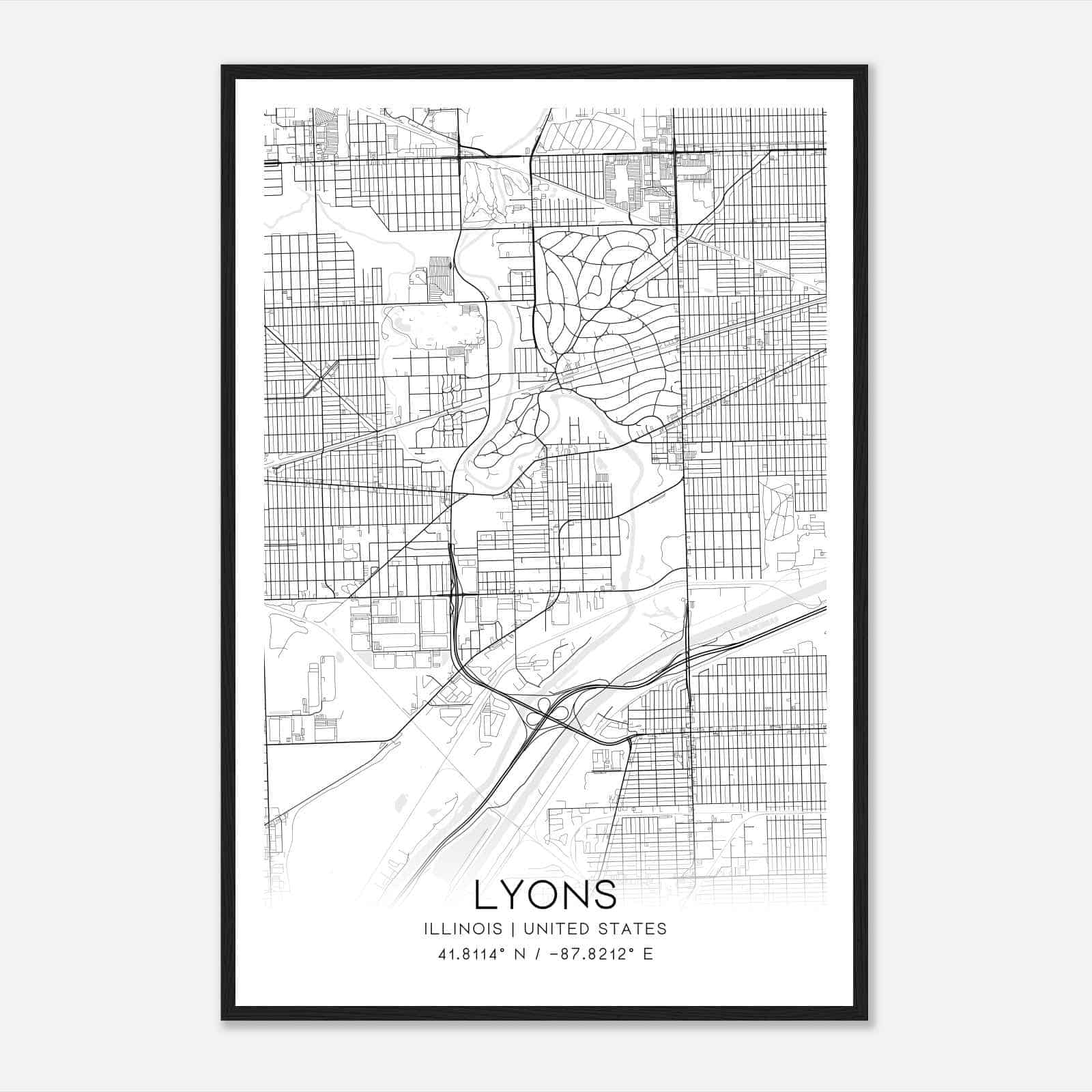 Lyons Illinois Map Poster, Modern Home Decor Wall Art Print