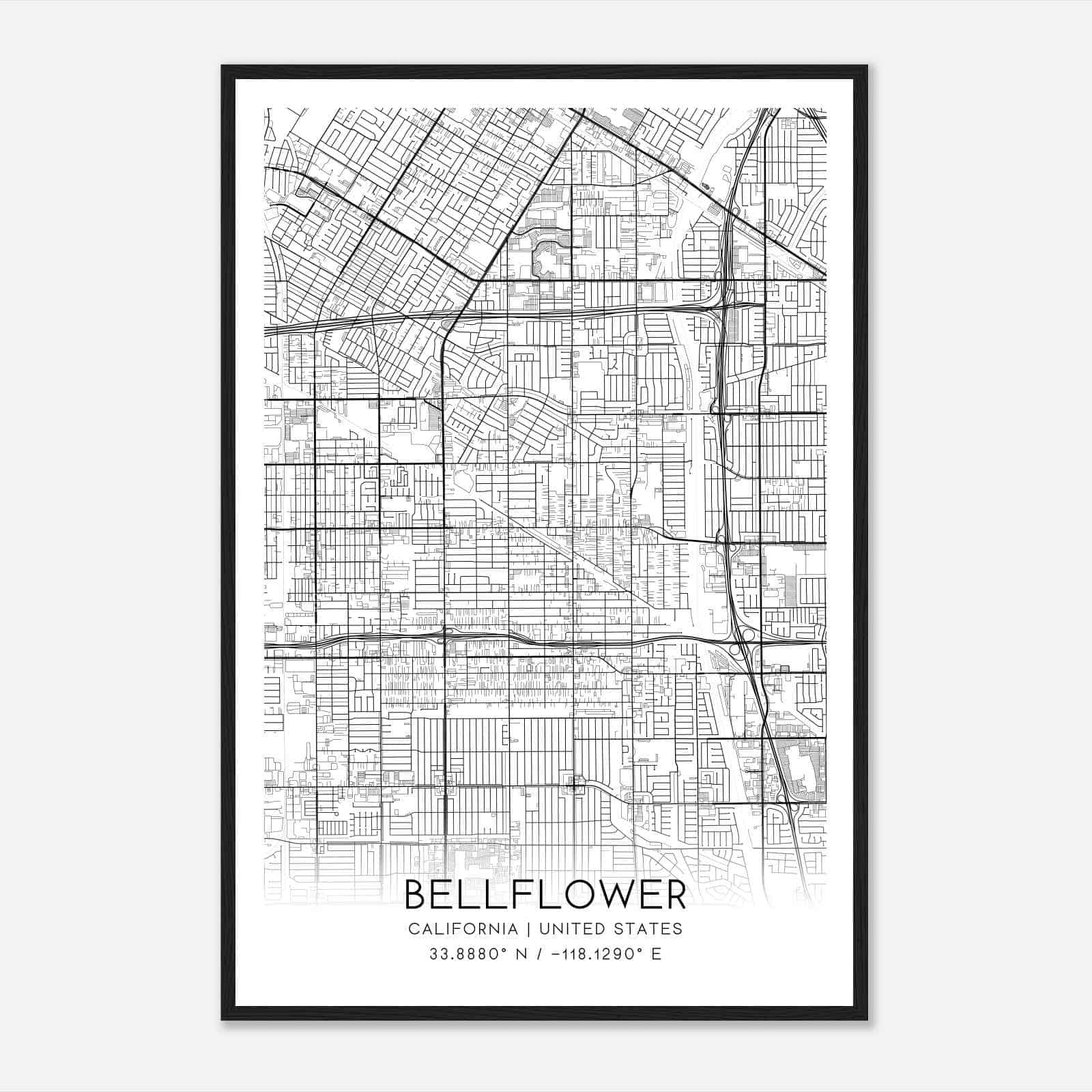 Bellflower California Map Poster, Modern Home Decor Wall Art Print