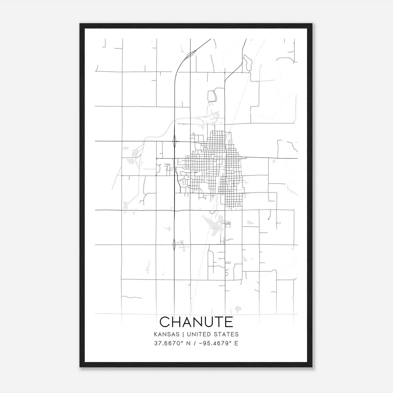 Chanute Kansas Map Poster, Modern Home Decor Wall Art Print