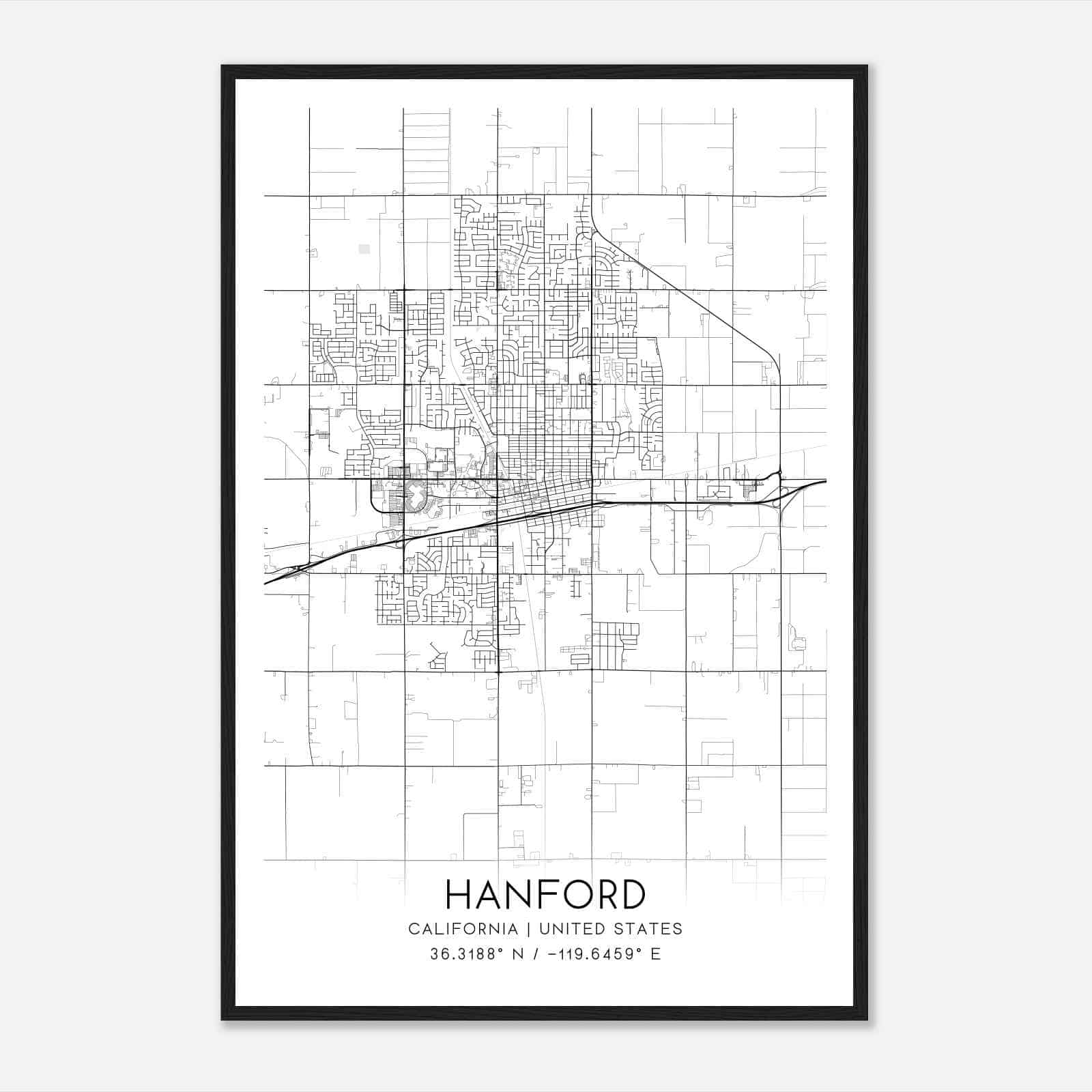 Hanford California Map Poster, Modern Home Decor Wall Art Print