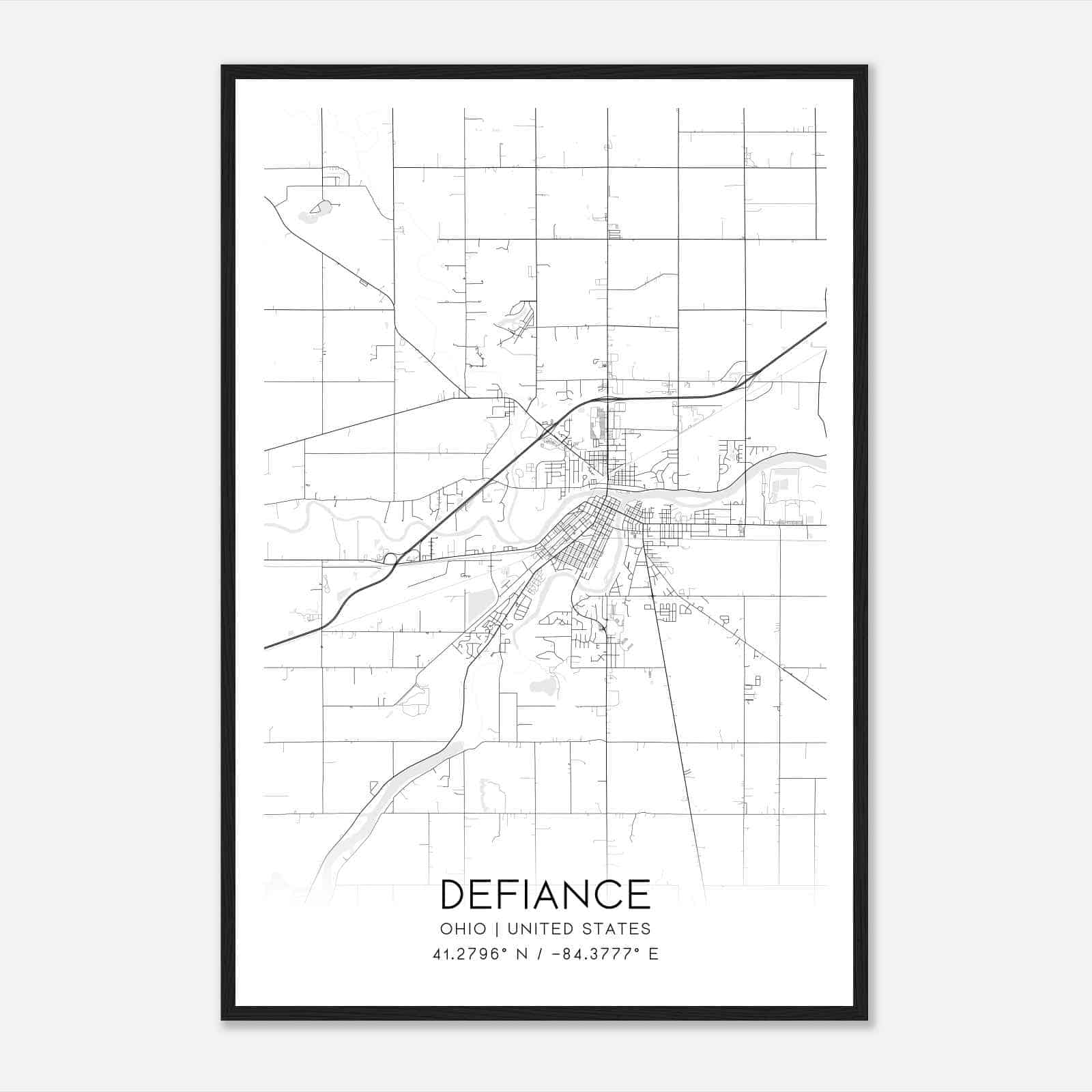 Defiance Ohio Map Poster, Modern Home Decor Wall Art Print