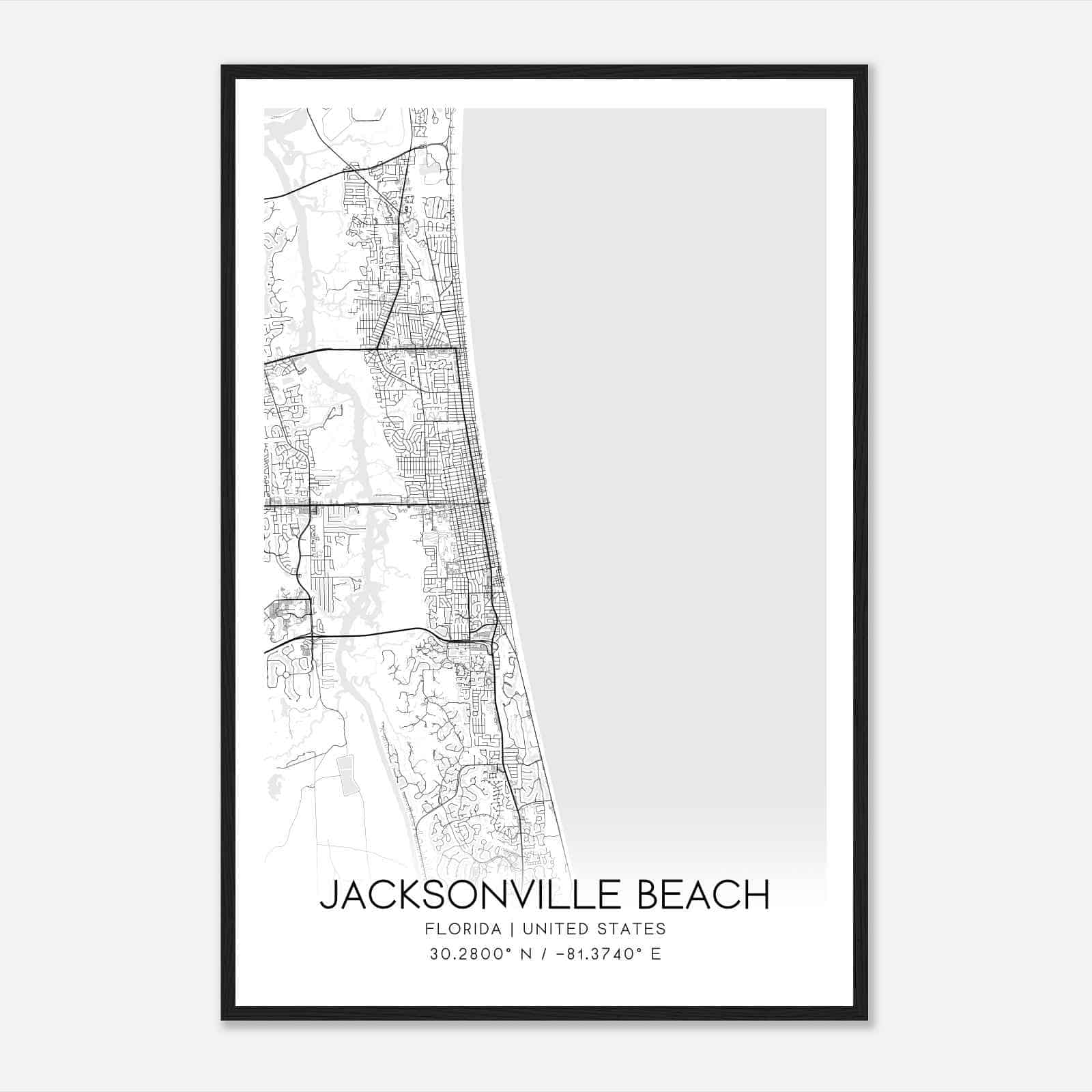 Jacksonville Beach Florida Map Poster, Modern Home Decor Wall Art Print