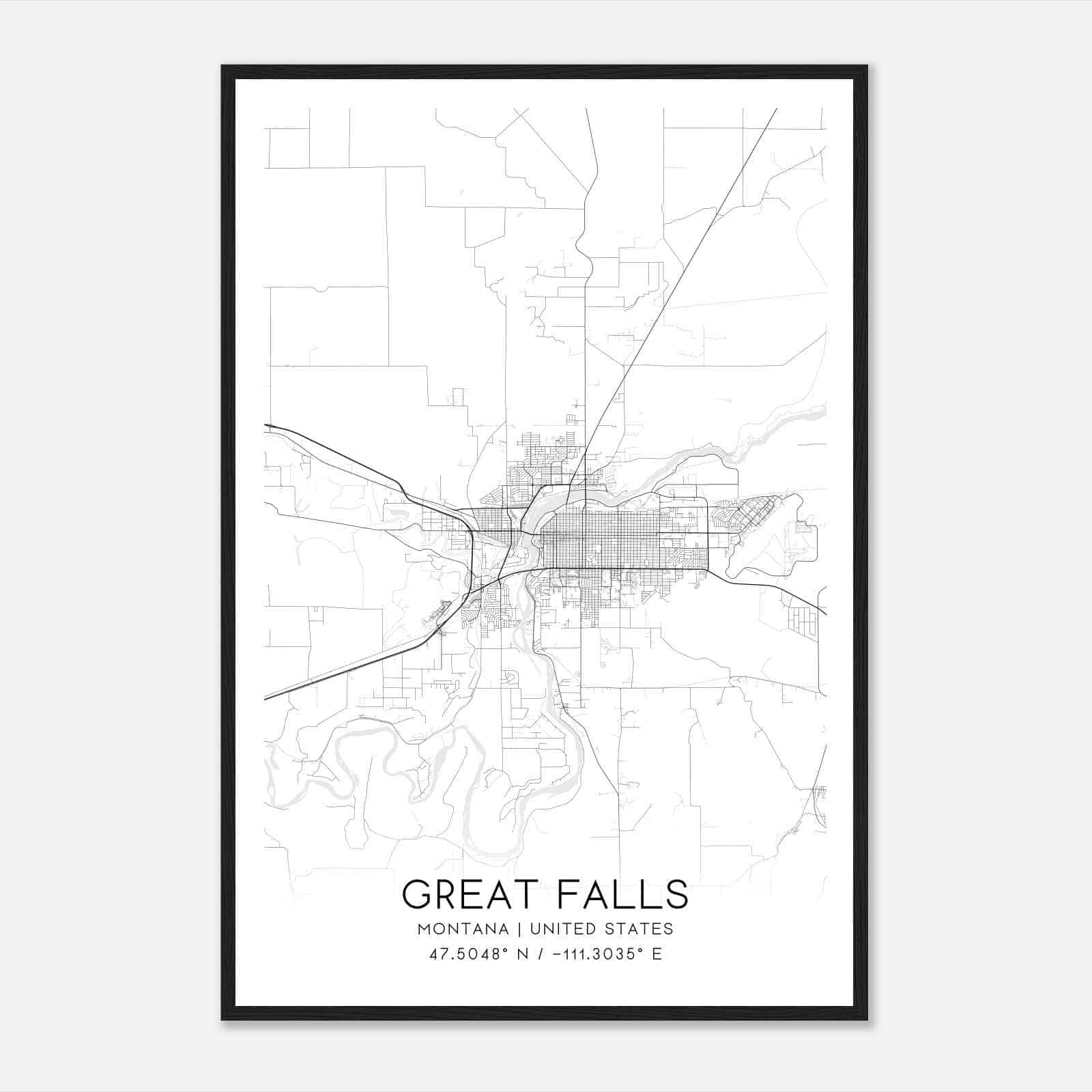 Great Falls Montana Map Poster, Modern Home Decor Wall Art Print