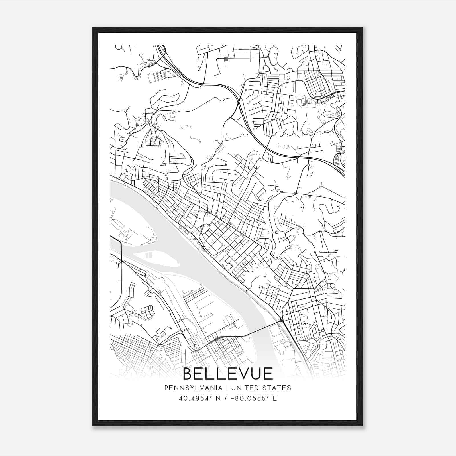 Bellevue Pennsylvania Map Poster, Modern Home Decor Wall Art Print