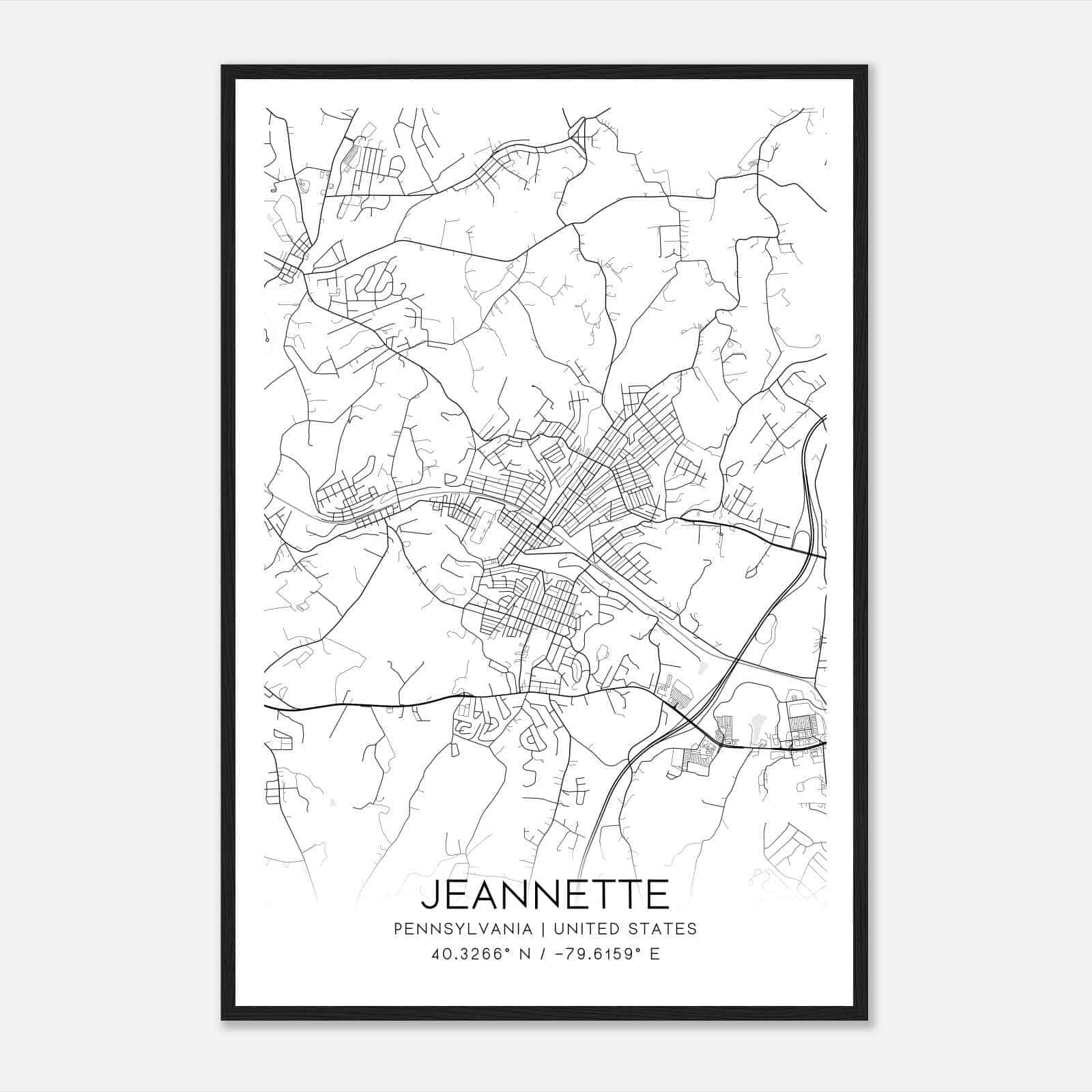 Jeannette Pennsylvania Map Poster, Modern Home Decor Wall Art Print
