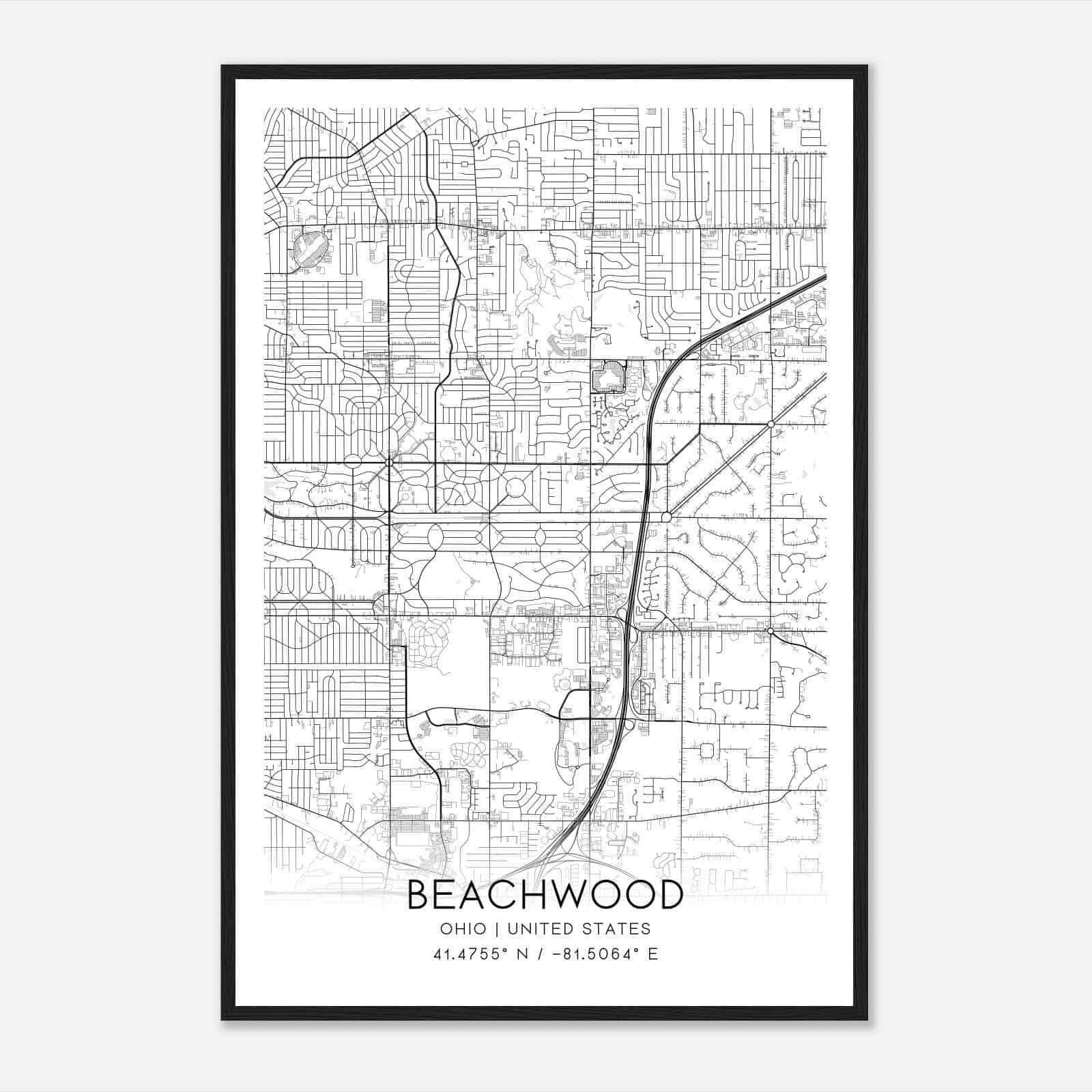 Beachwood Ohio Map Poster, Modern Home Decor Wall Art Print