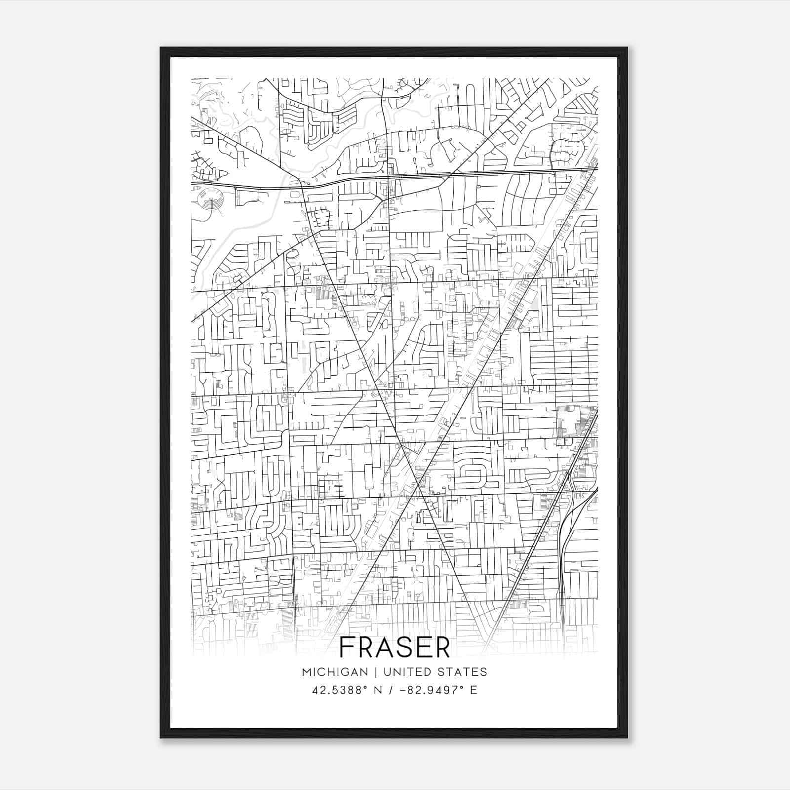 Fraser Michigan Map Poster, Modern Home Decor Wall Art Print