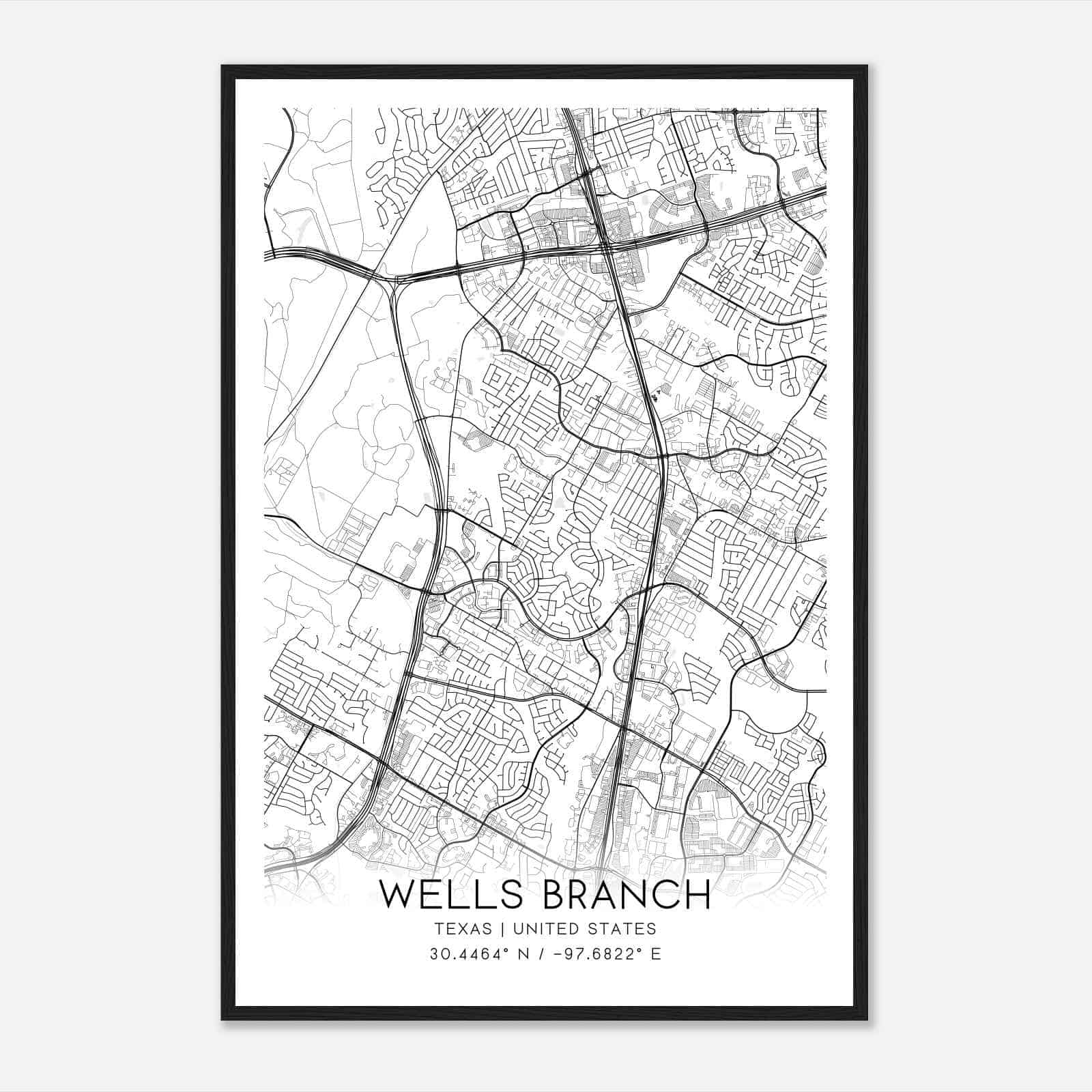 Wells Branch Texas Map Poster, Modern Home Decor Wall Art Print