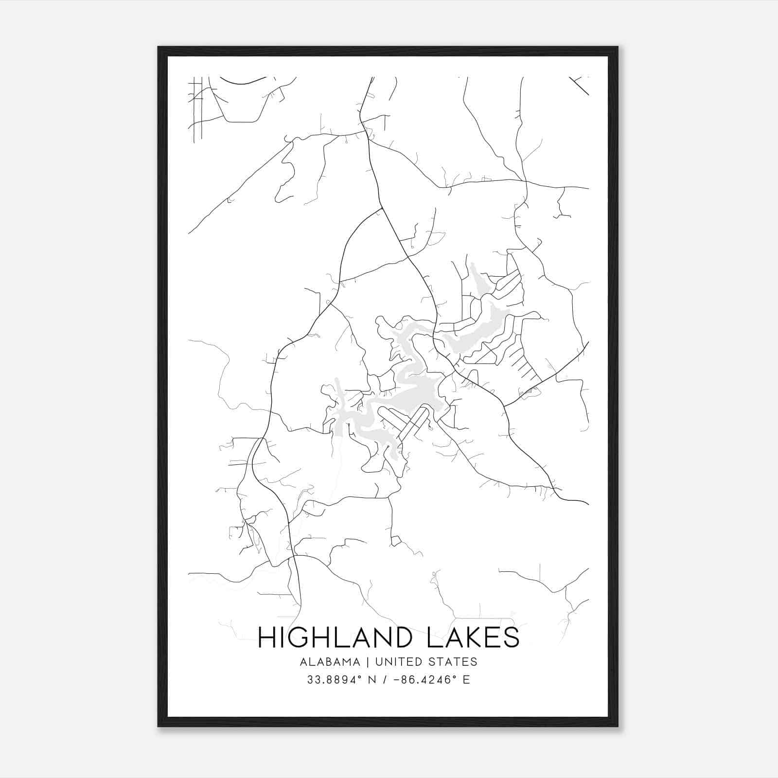 Highland Lakes Alabama Map Poster, Modern Home Decor Wall Art Print
