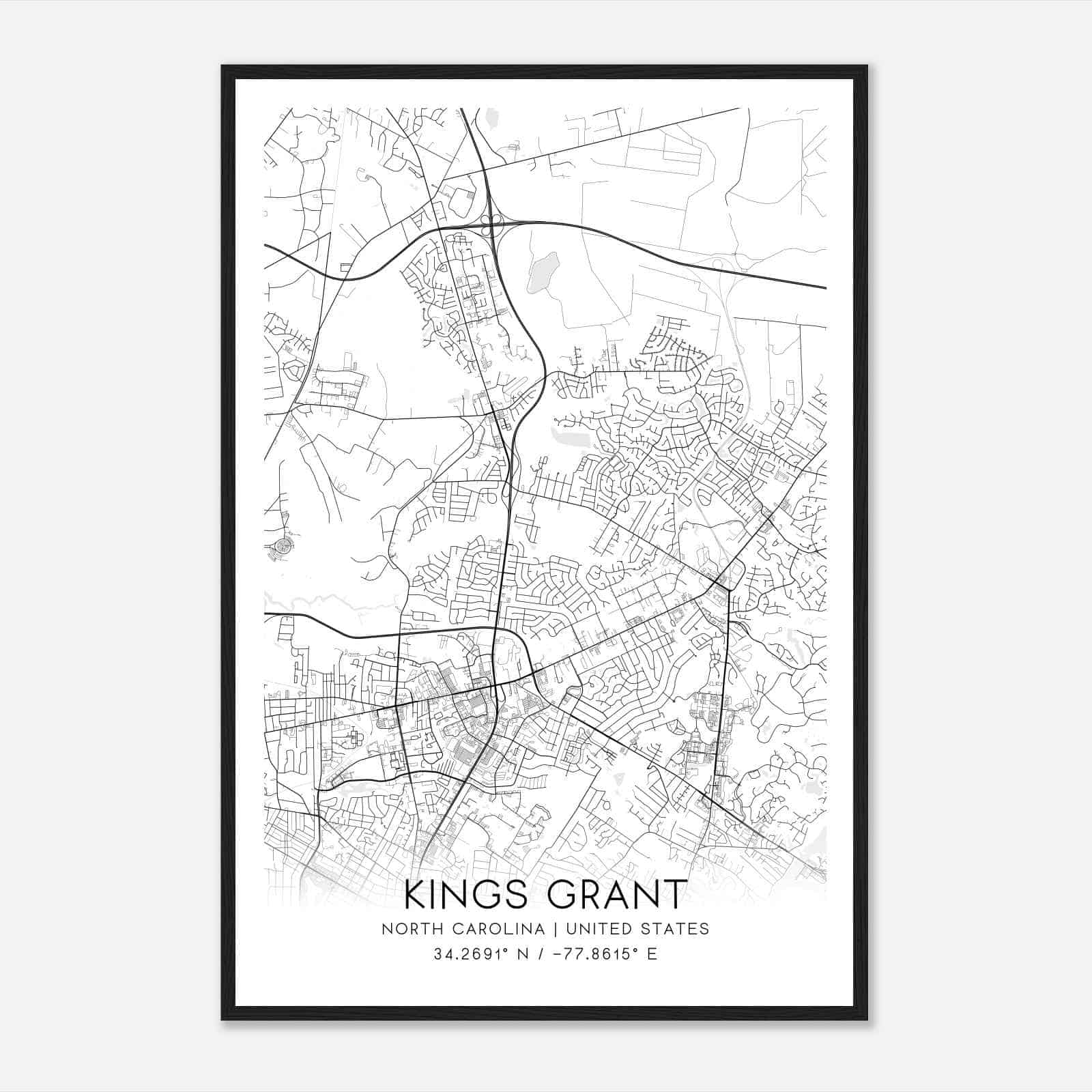 Kings Grant North Carolina Map Poster, Modern Home Decor Wall Art Print