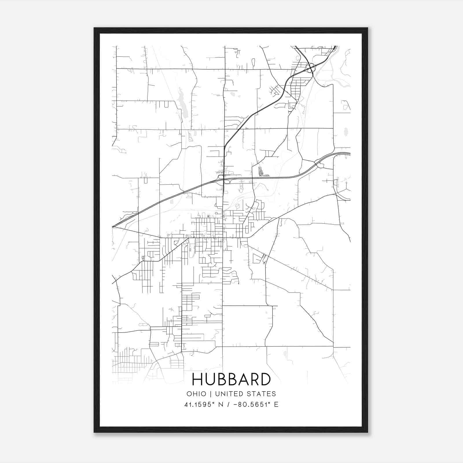 Hubbard Ohio Map Poster, Modern Home Decor Wall Art Print