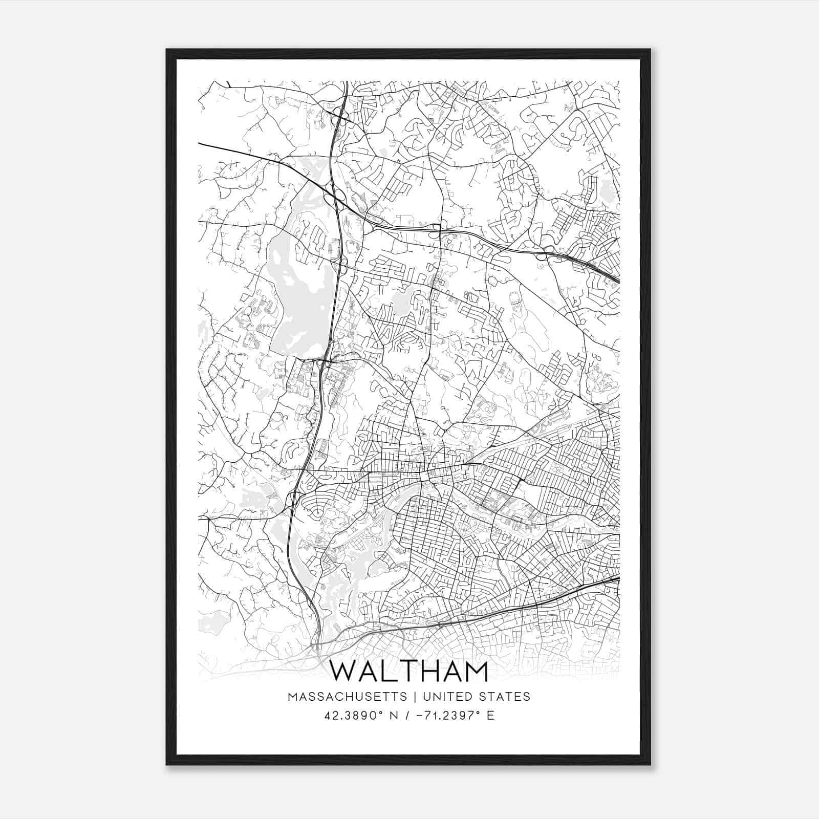 Waltham Massachusetts Map Poster, Modern Home Decor Wall Art Print