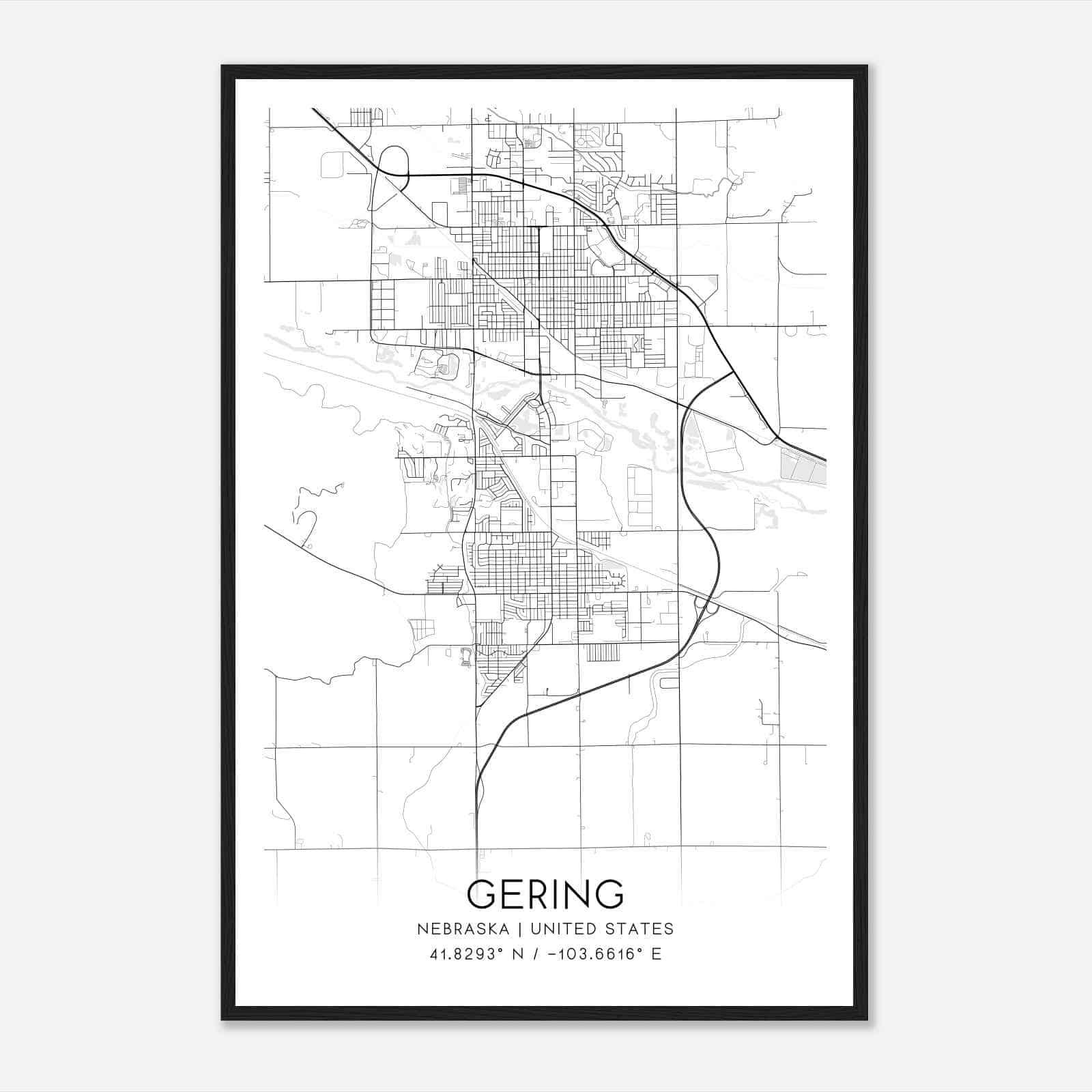 Gering Nebraska Map Poster, Modern Home Decor Wall Art Print