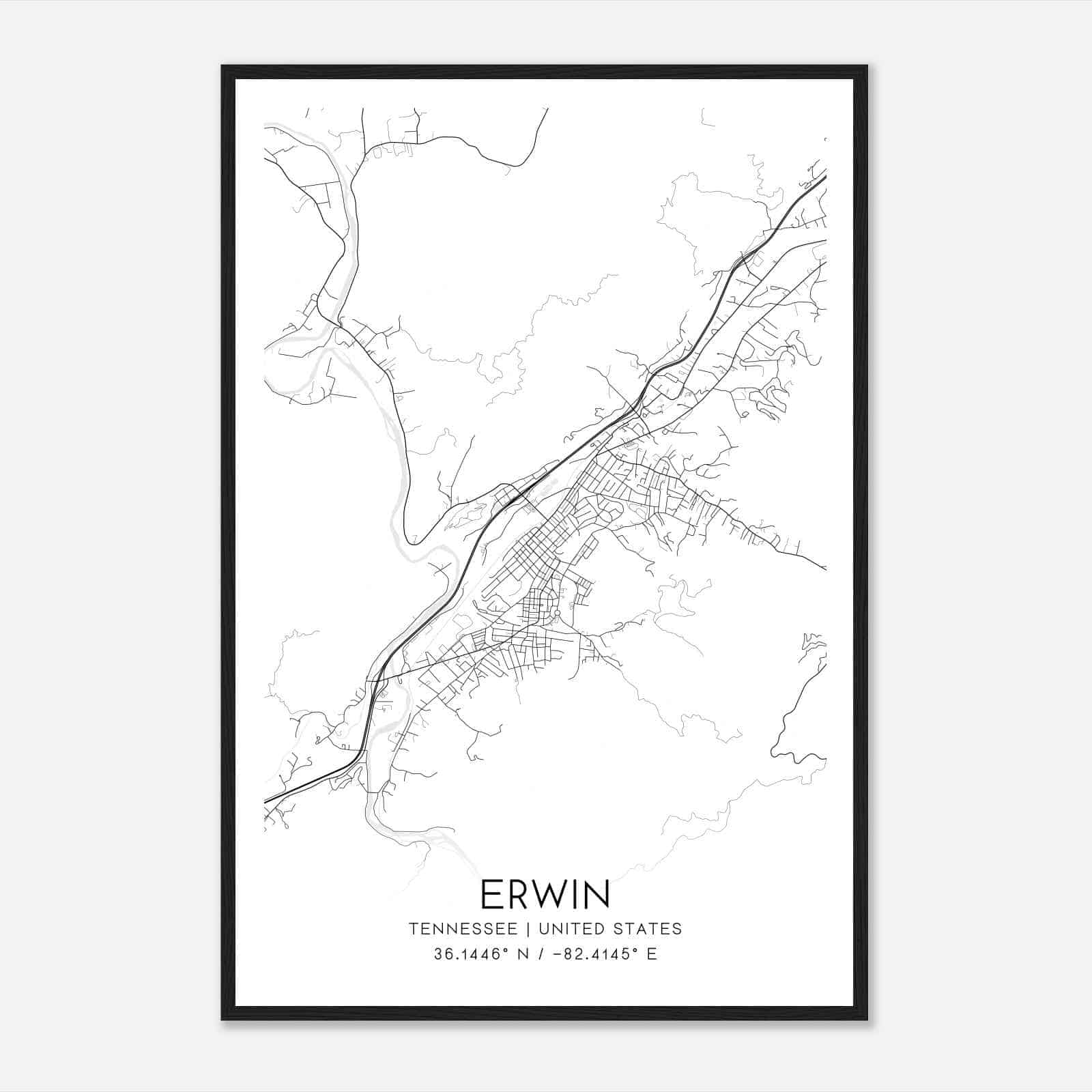 Erwin Tennessee Map Poster, Modern Home Decor Wall Art Print