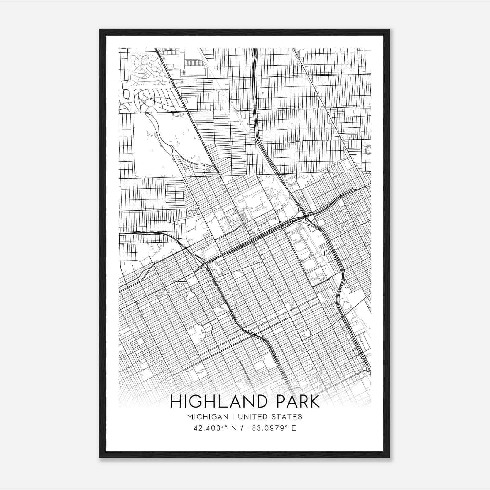 Highland Park Michigan Map Poster, Modern Home Decor Wall Art Print