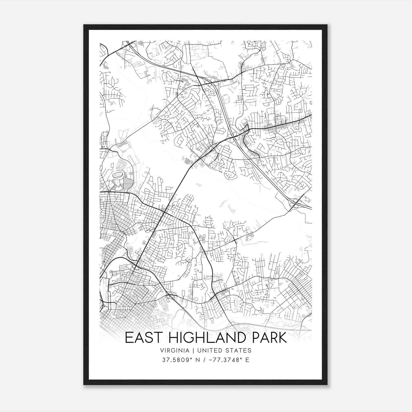 East Highland Park Virginia Map Poster, Modern Home Decor Wall Art Print
