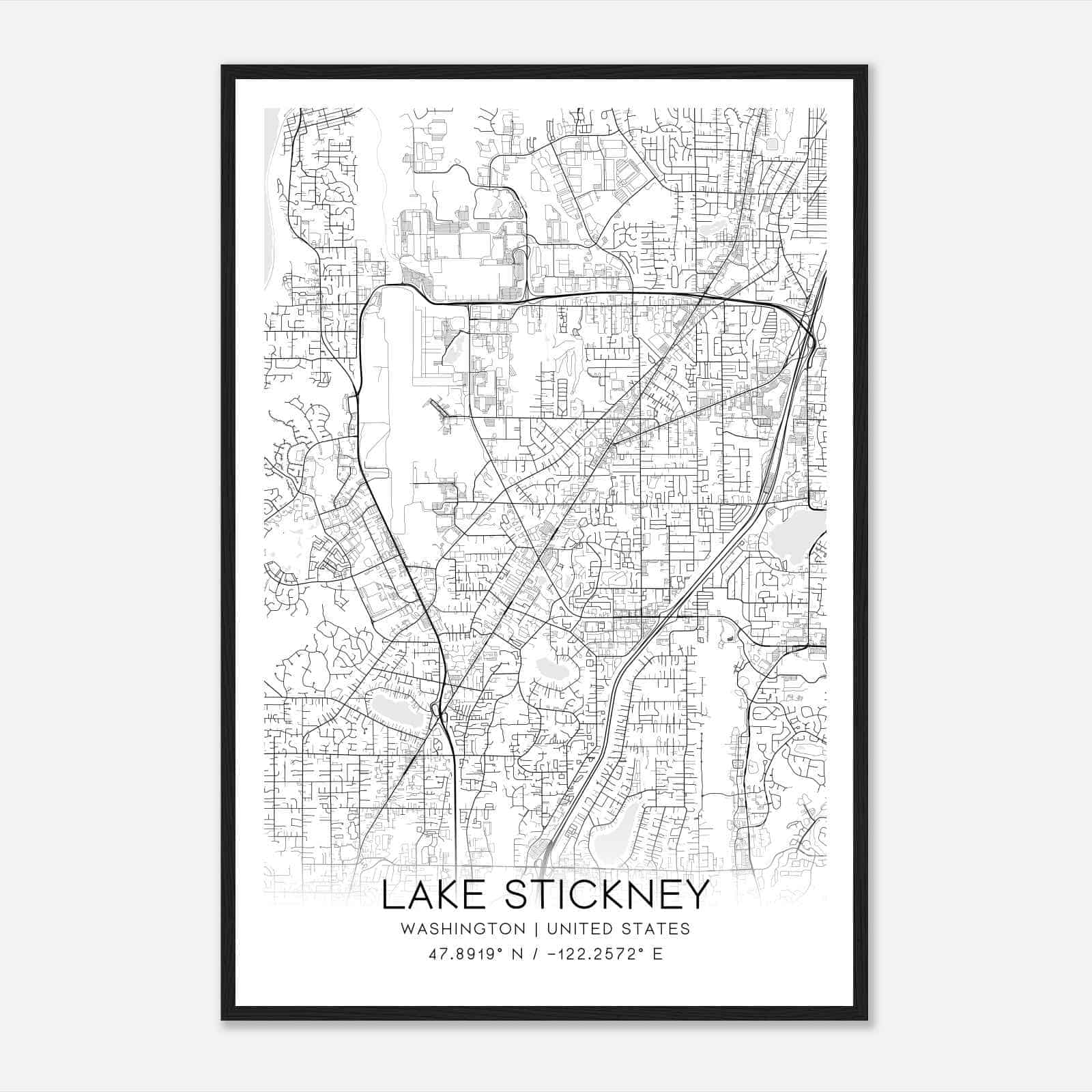Lake Stickney Washington Map Poster, Modern Home Decor Wall Art Print