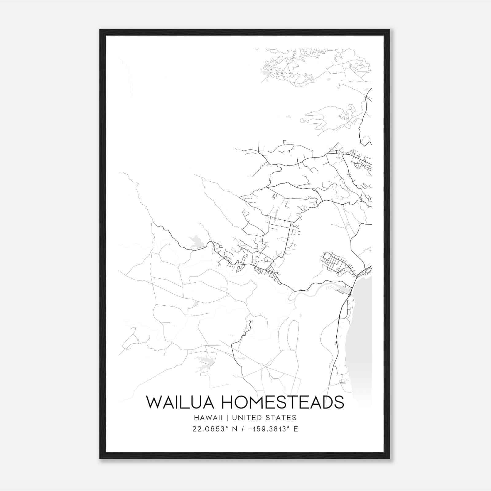 Wailua Homesteads Hawaii Map Poster, Modern Home Decor Wall Art Print