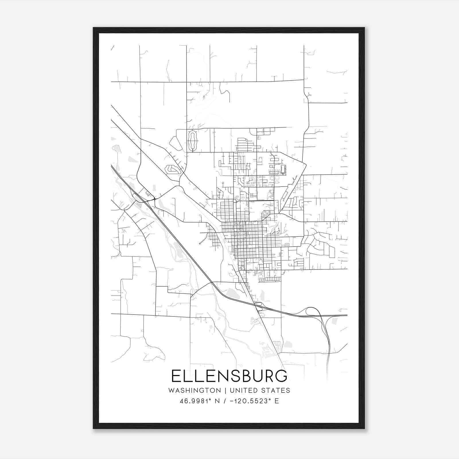 Ellensburg Washington Map Poster, Modern Home Decor Wall Art Print