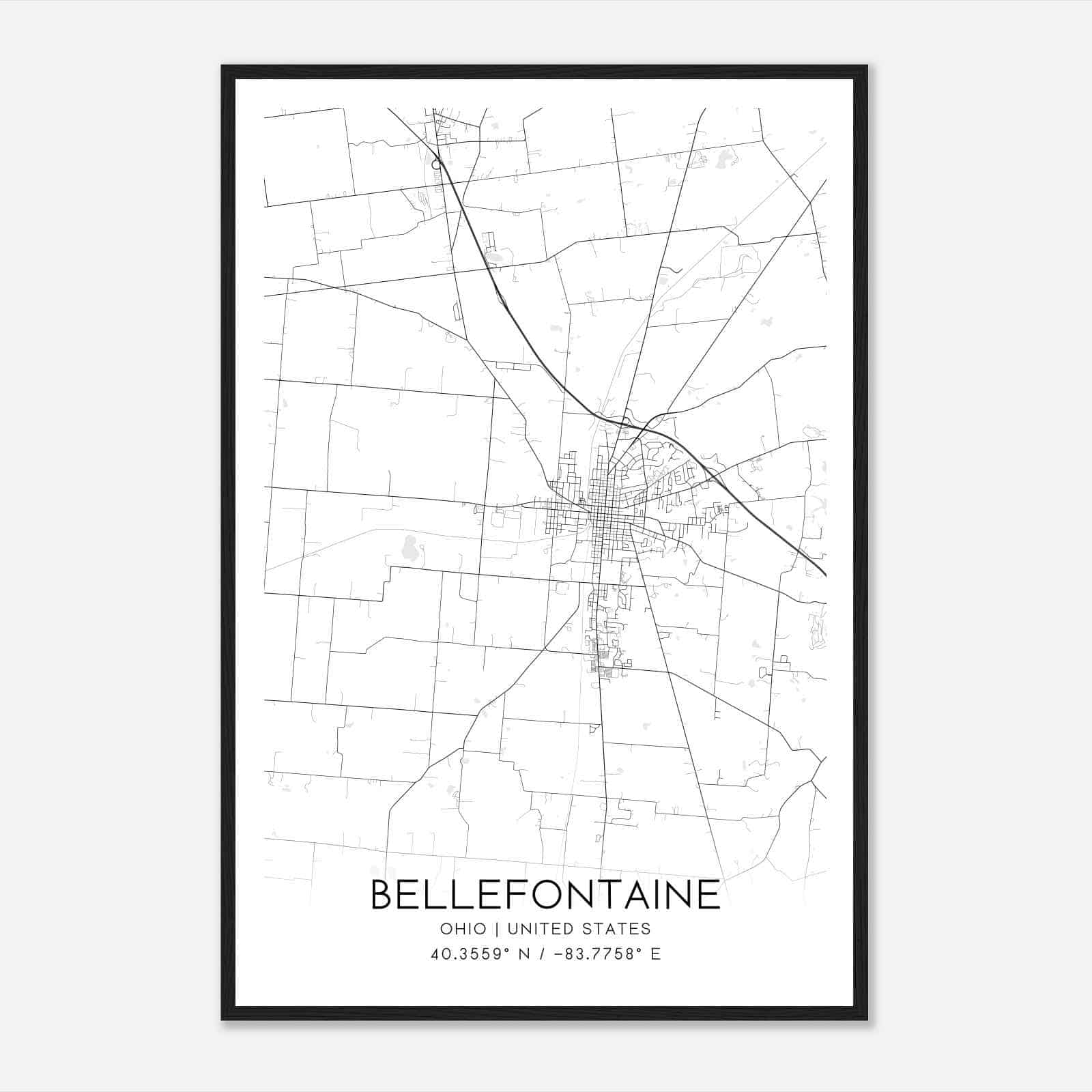 Bellefontaine Ohio Map Poster, Modern Home Decor Wall Art Print
