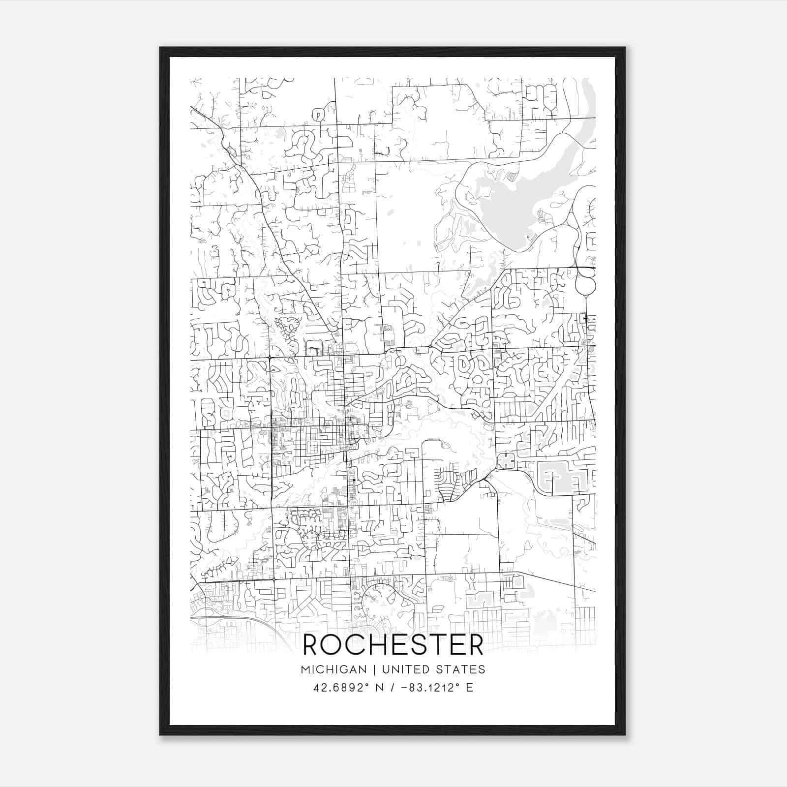 Rochester Michigan Map Poster, Modern Home Decor Wall Art Print