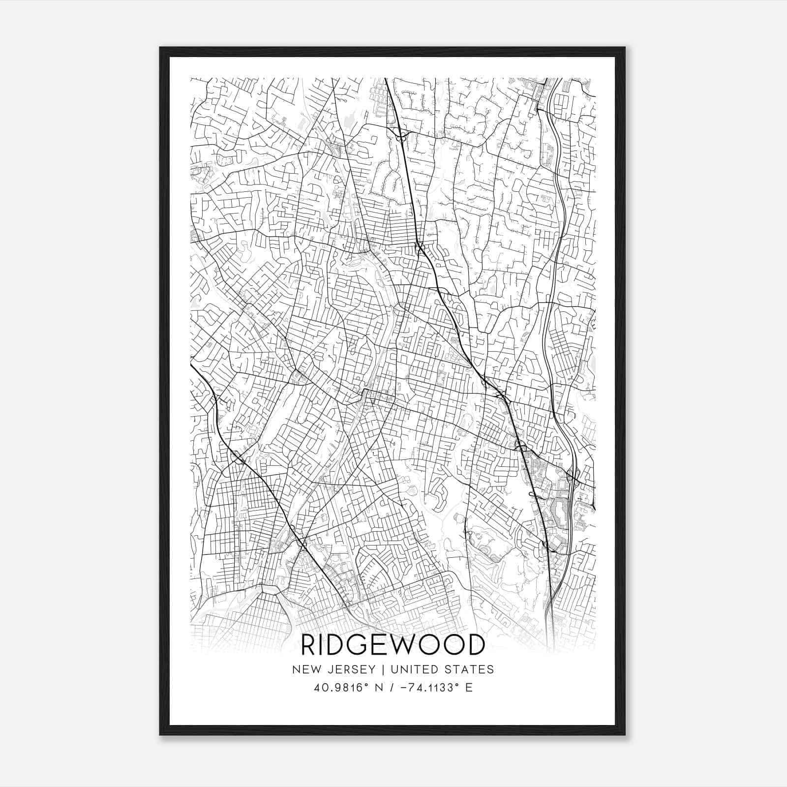 Ridgewood New Jersey Map Poster, Modern Home Decor Wall Art Print