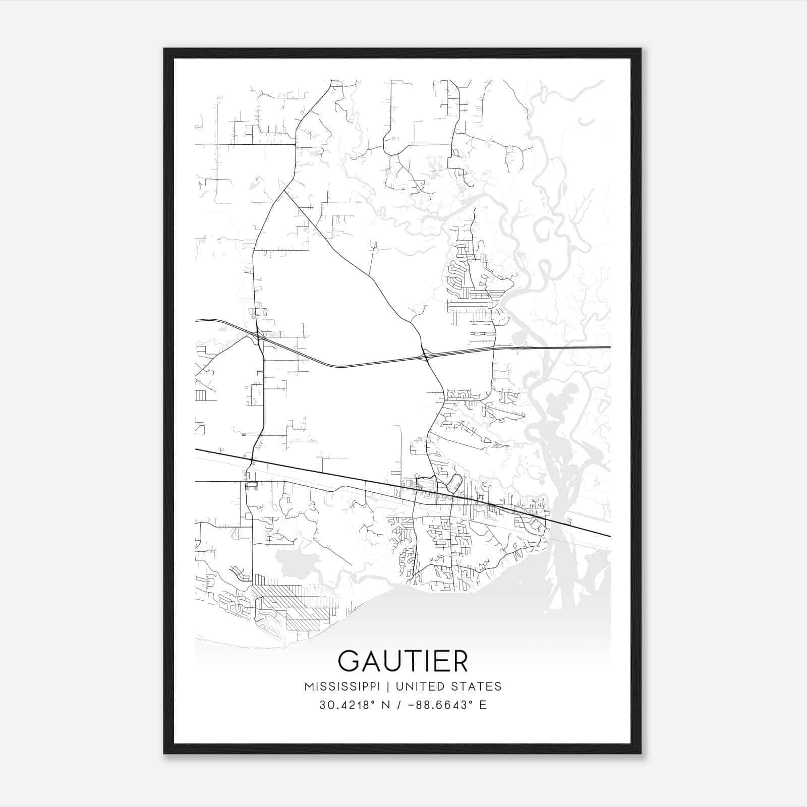 Gautier Mississippi Map Poster, Modern Home Decor Wall Art Print