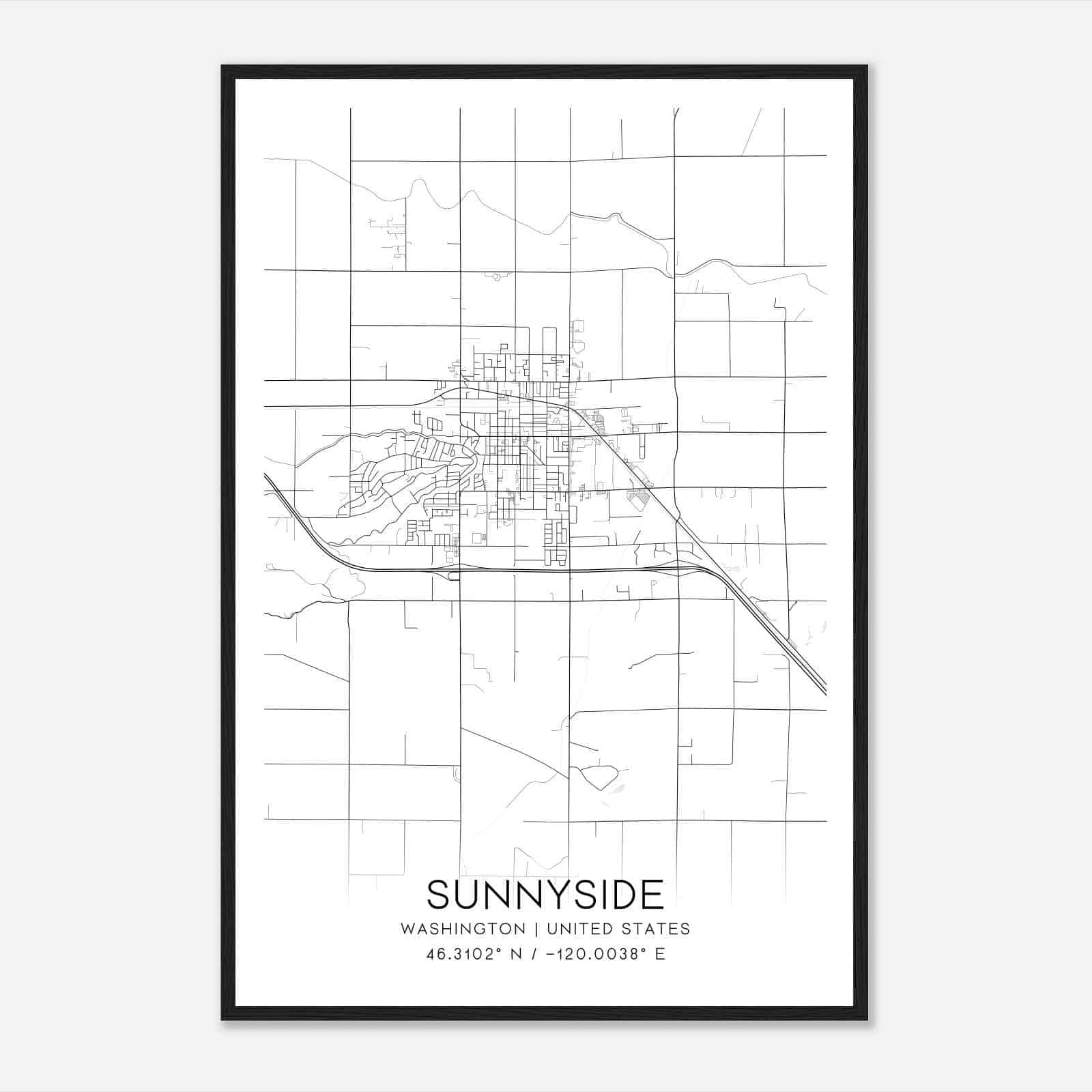 Sunnyside Washington Map Poster, Modern Home Decor Wall Art Print