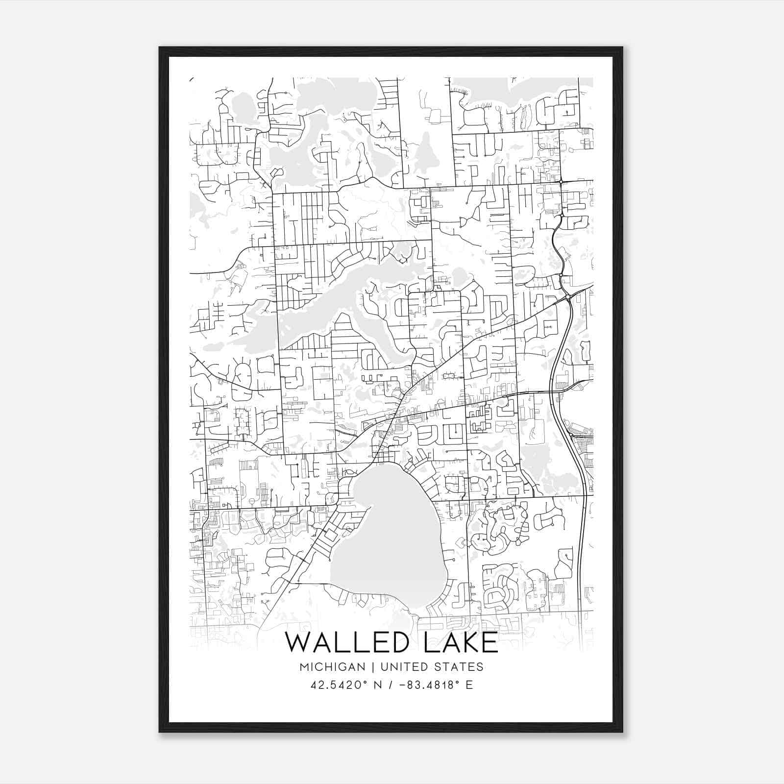 Walled Lake Michigan Map Poster, Modern Home Decor Wall Art Print