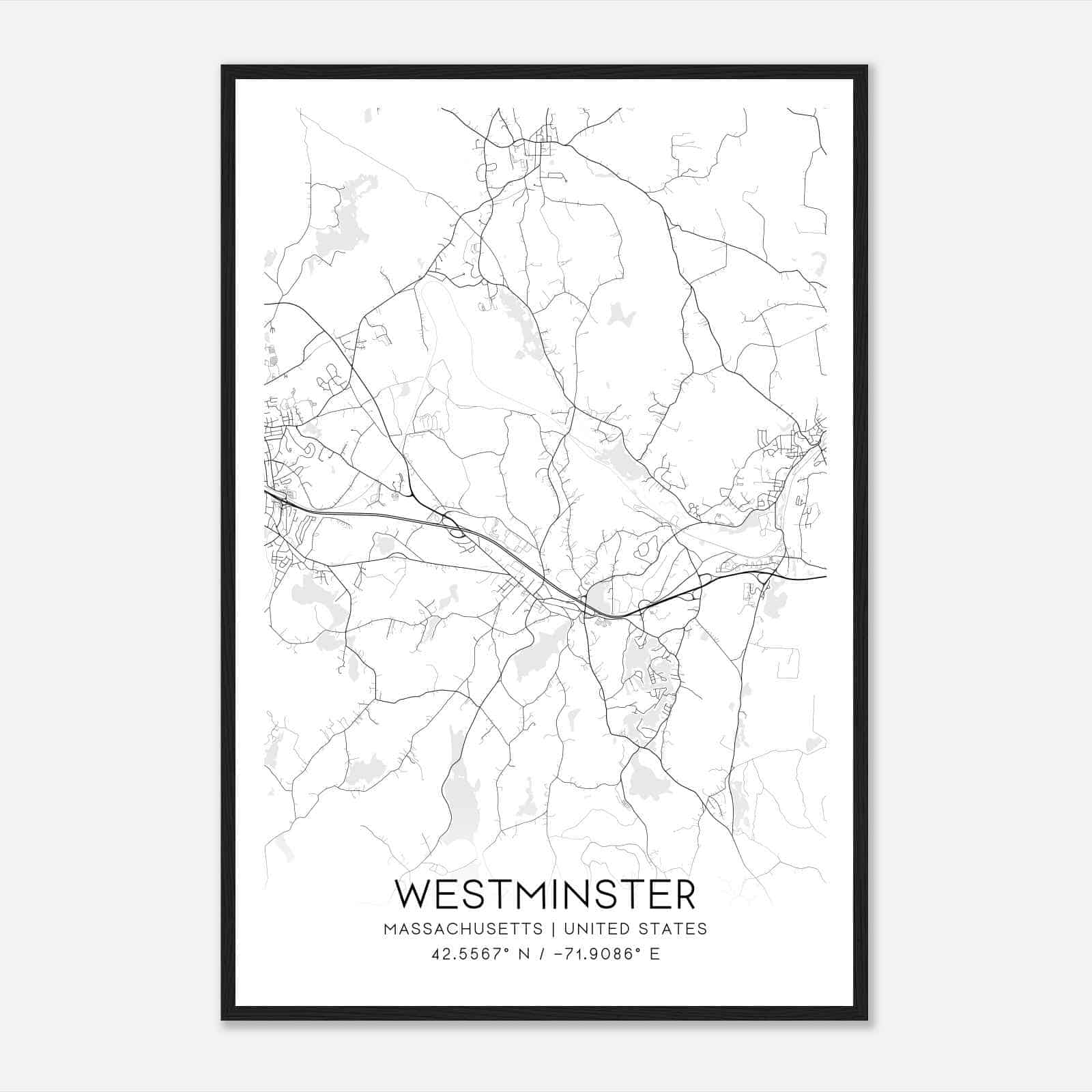 Westminster Massachusetts Map Poster, Modern Home Decor Wall Art Print