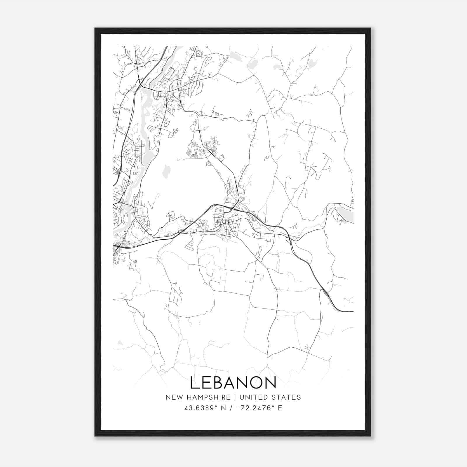 Lebanon New Hampshire Map Poster, Modern Home Decor Wall Art Print