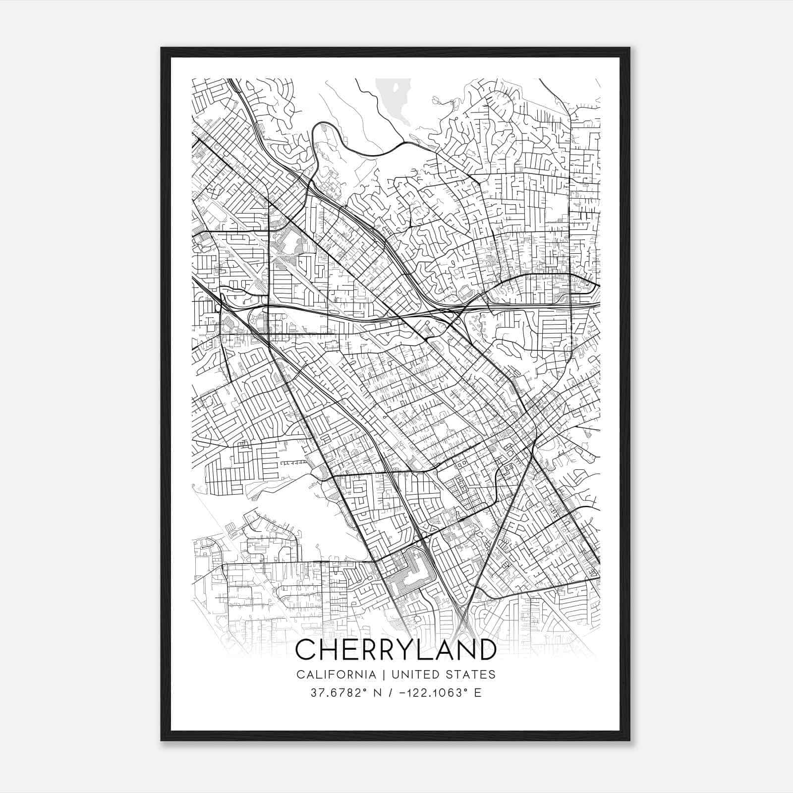 Cherryland California Map Poster, Modern Home Decor Wall Art Print
