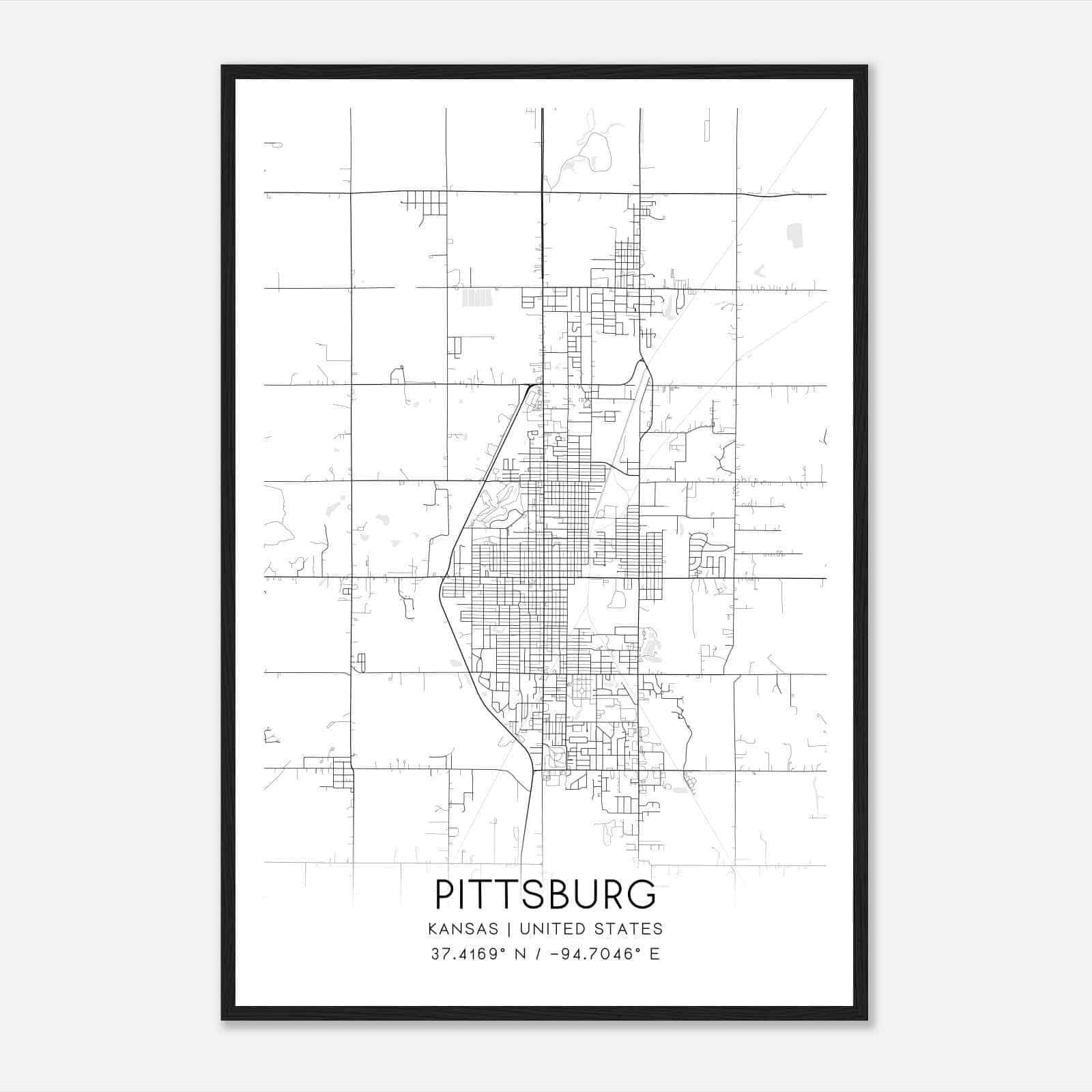 Pittsburg Kansas Map Poster, Modern Home Decor Wall Art Print
