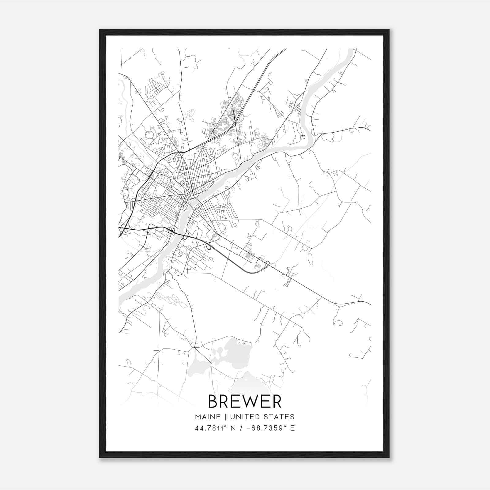Brewer Maine Map Poster, Modern Home Decor Wall Art Print