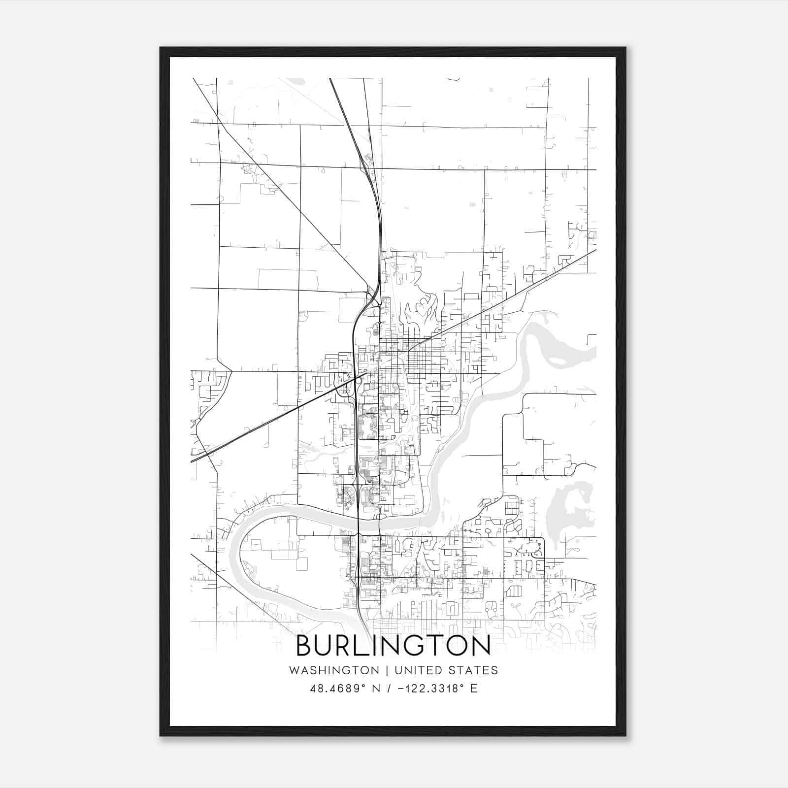 Burlington Washington Map Poster, Modern Home Decor Wall Art Print