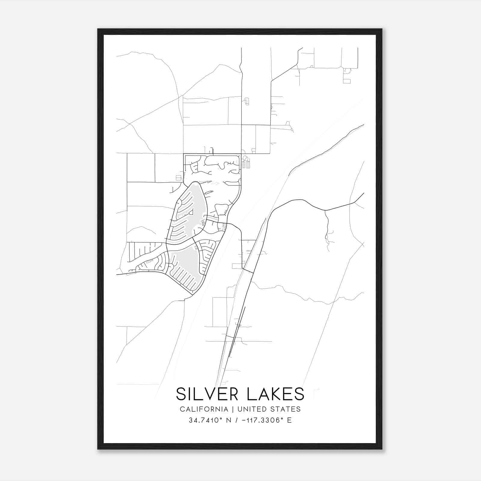 Silver Lakes California Map Poster, Modern Home Decor Wall Art Print