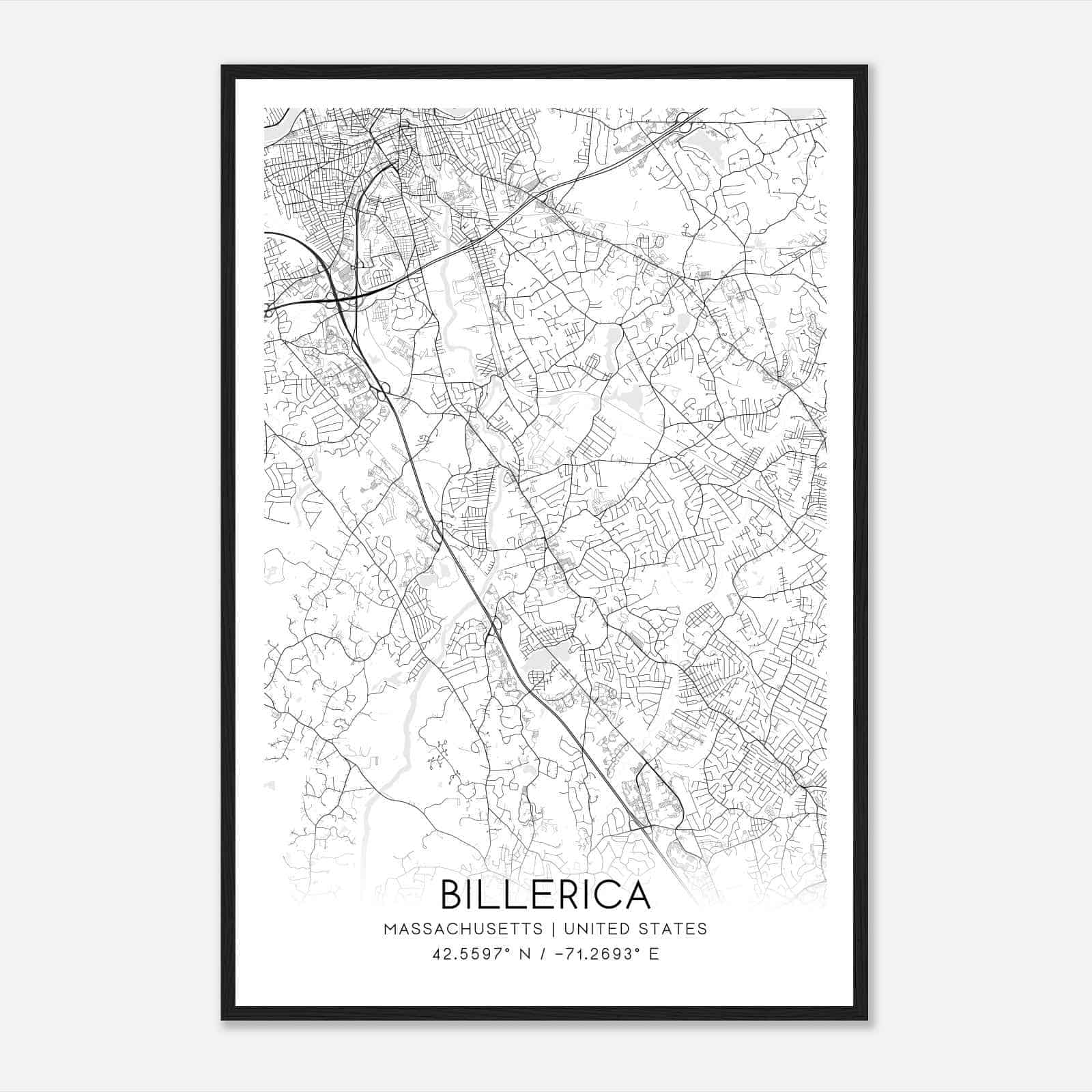 Billerica Massachusetts Map Poster, Modern Home Decor Wall Art Print